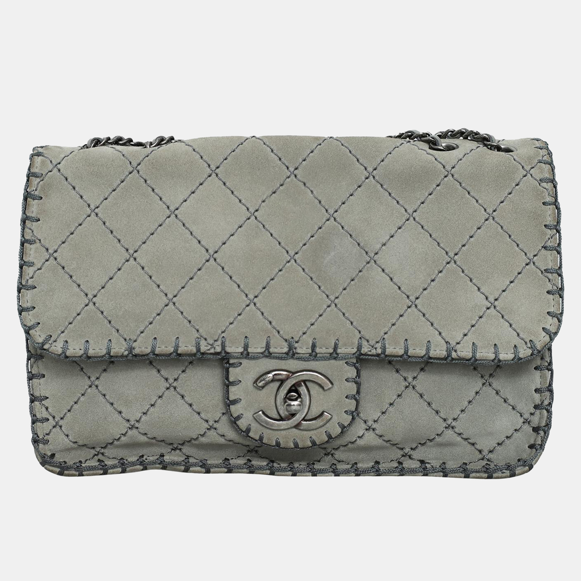 

Chanel Grey Suede Whipstitch Medium Flap Bag