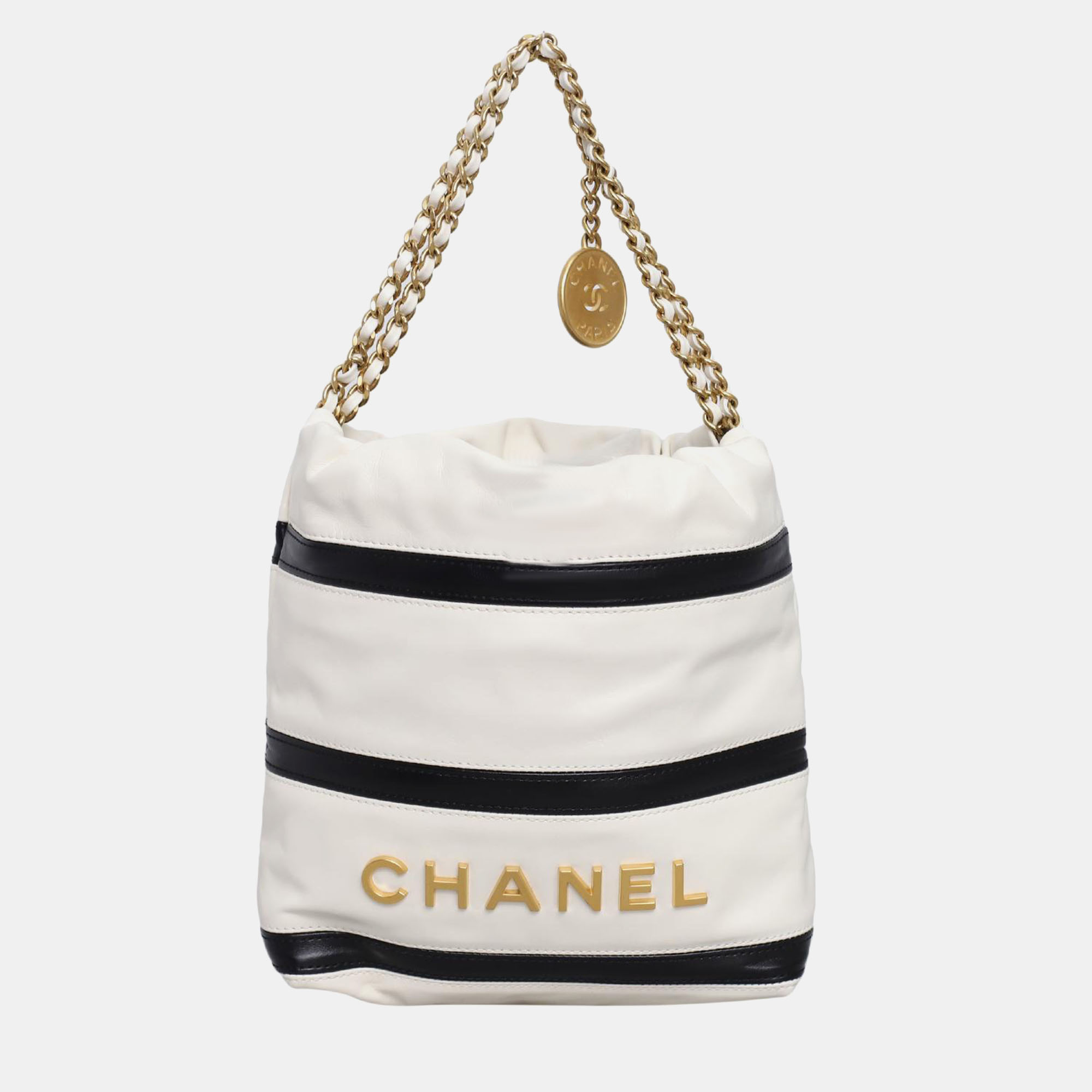 

Chanel White Lambskin Leather Mini 22 Stripes Bag