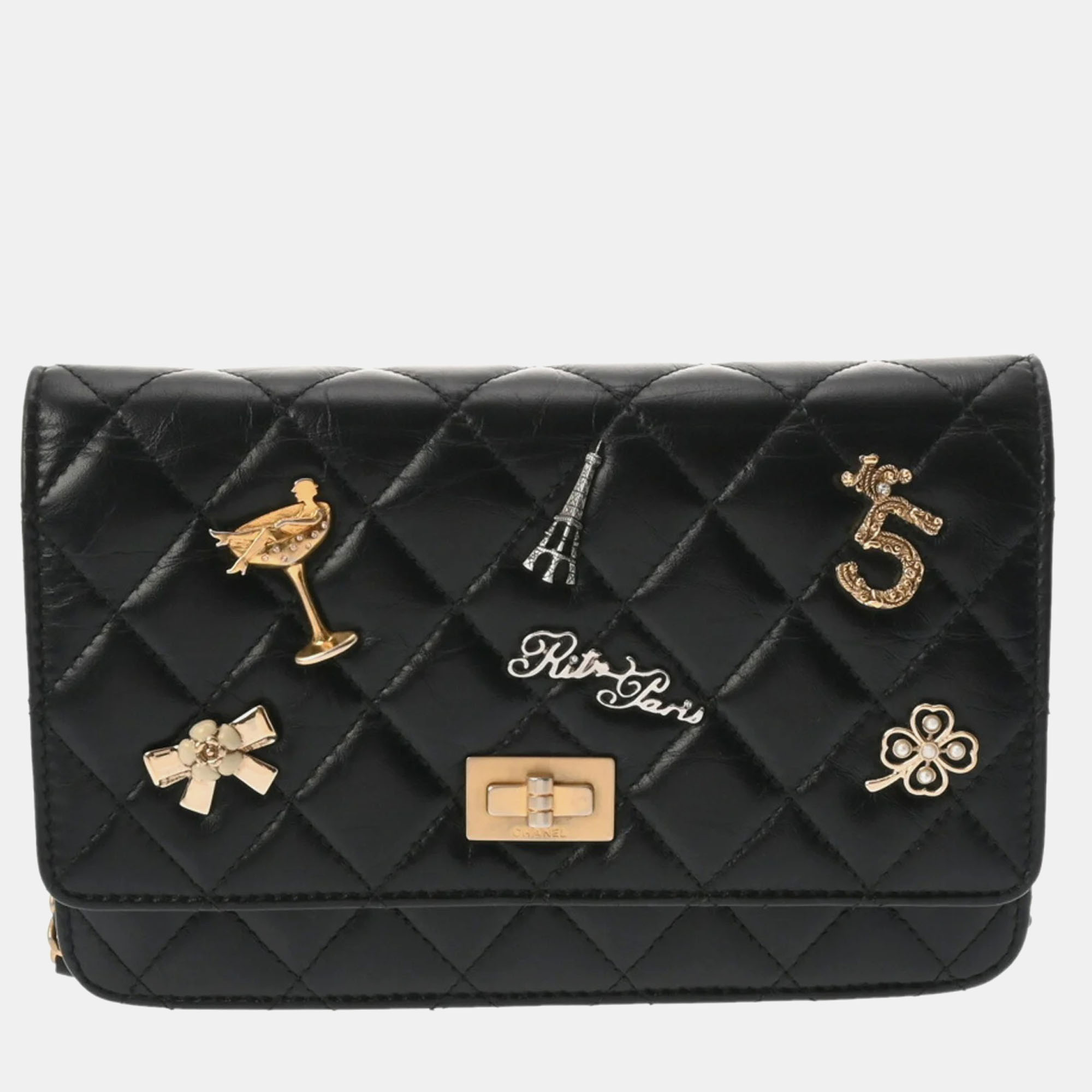 

Chanel Black Lambskin 2.55 Embroidered Chain Wallet