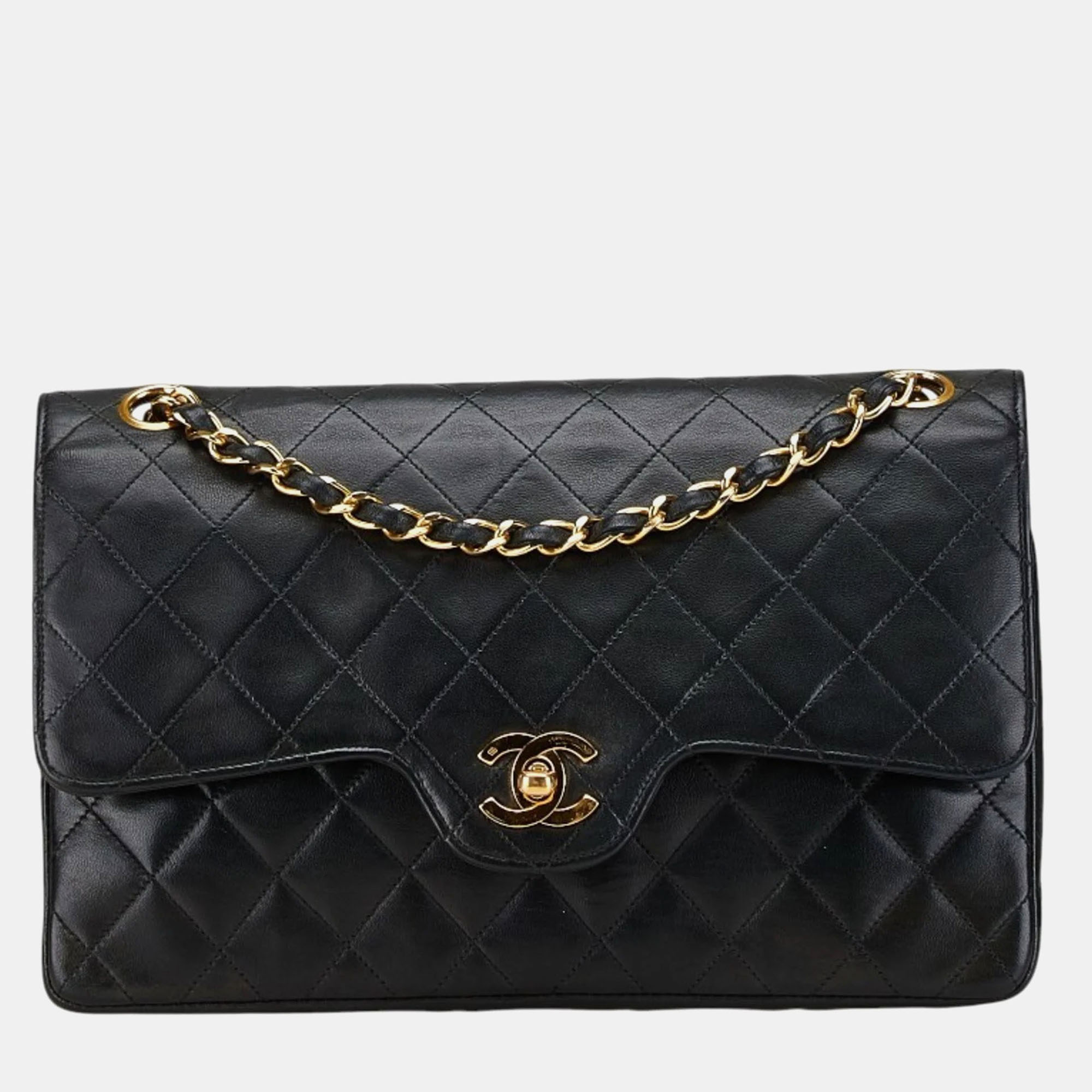 

Chanel Black Lambskin Matelasse 25 Double Flap Coco Mark Chain Shoulder Bag