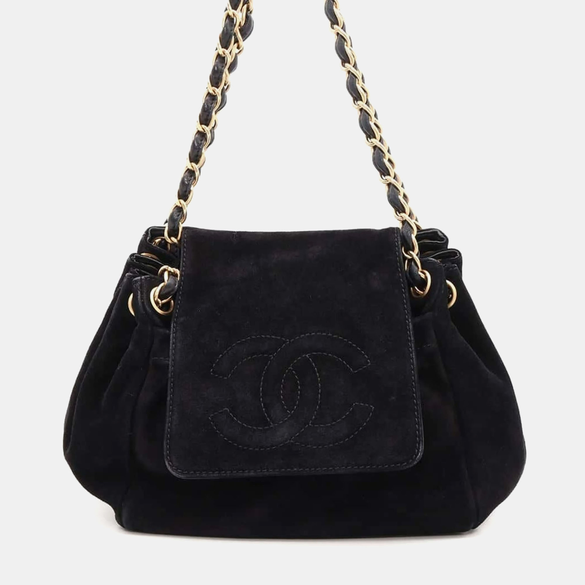 

Chanel Black Suede Small CC Accordion Flap Bag