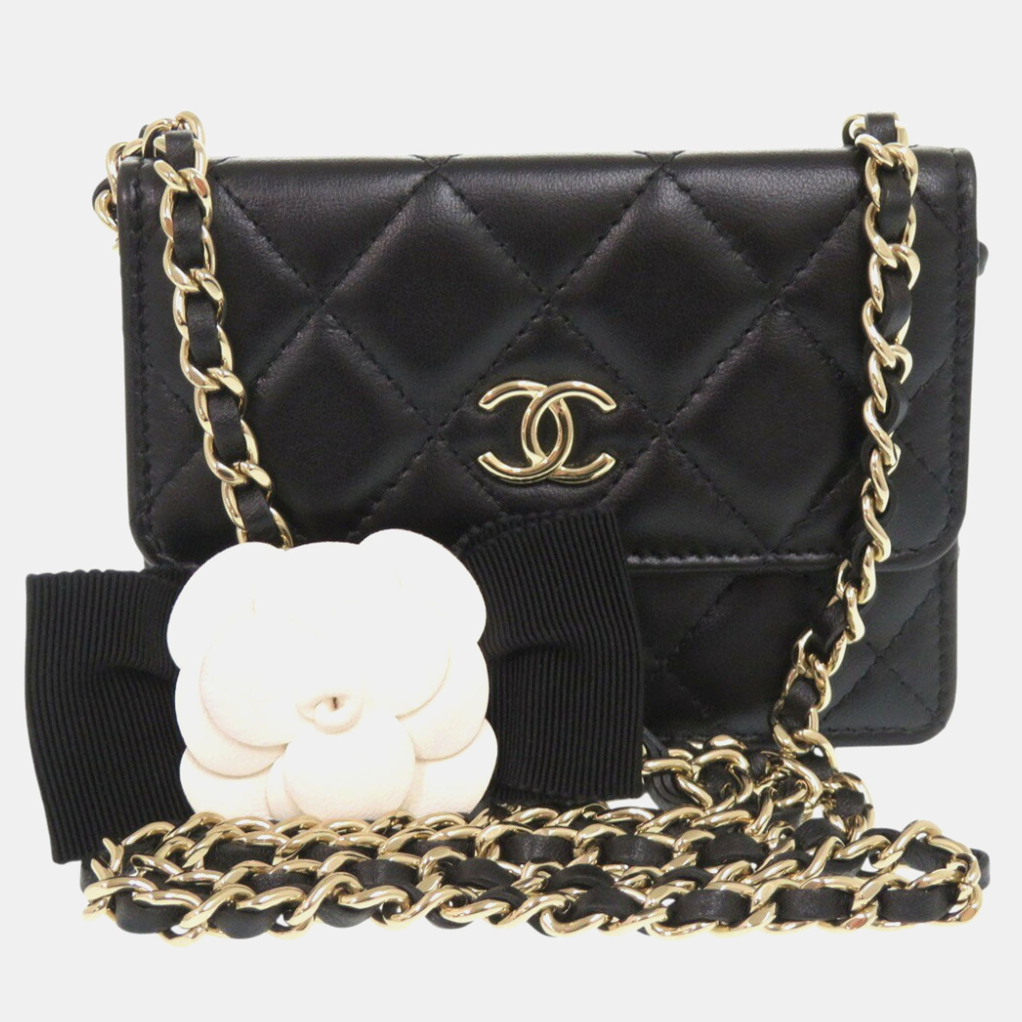 

Chanel Matelasse Camellia Lambskin Black 3 Champagne Gold Chain Coco Mark Ribbon Wallet