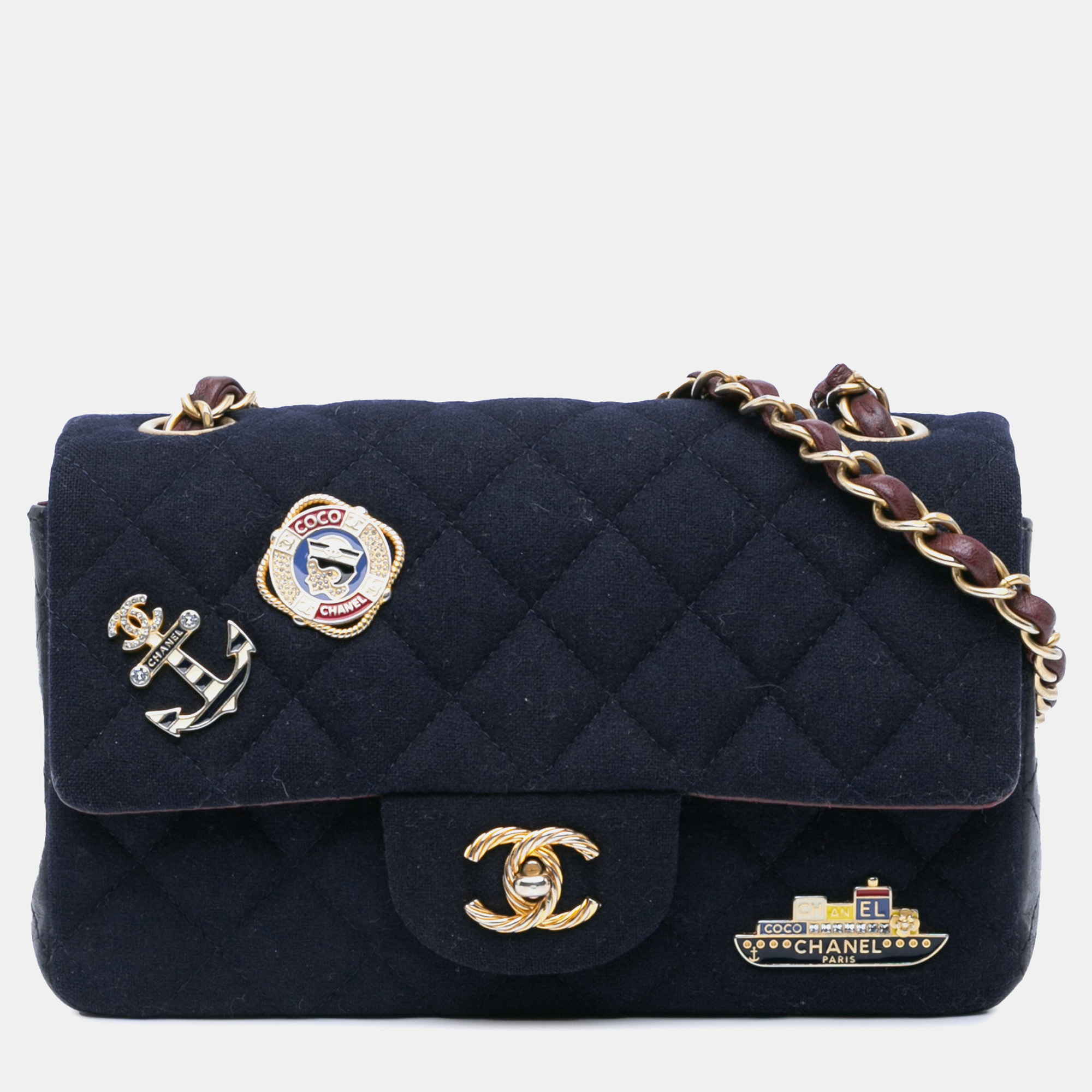 

Chanel Navy Blue Mini Rectangular Classic Jersey Sailor Single Flap