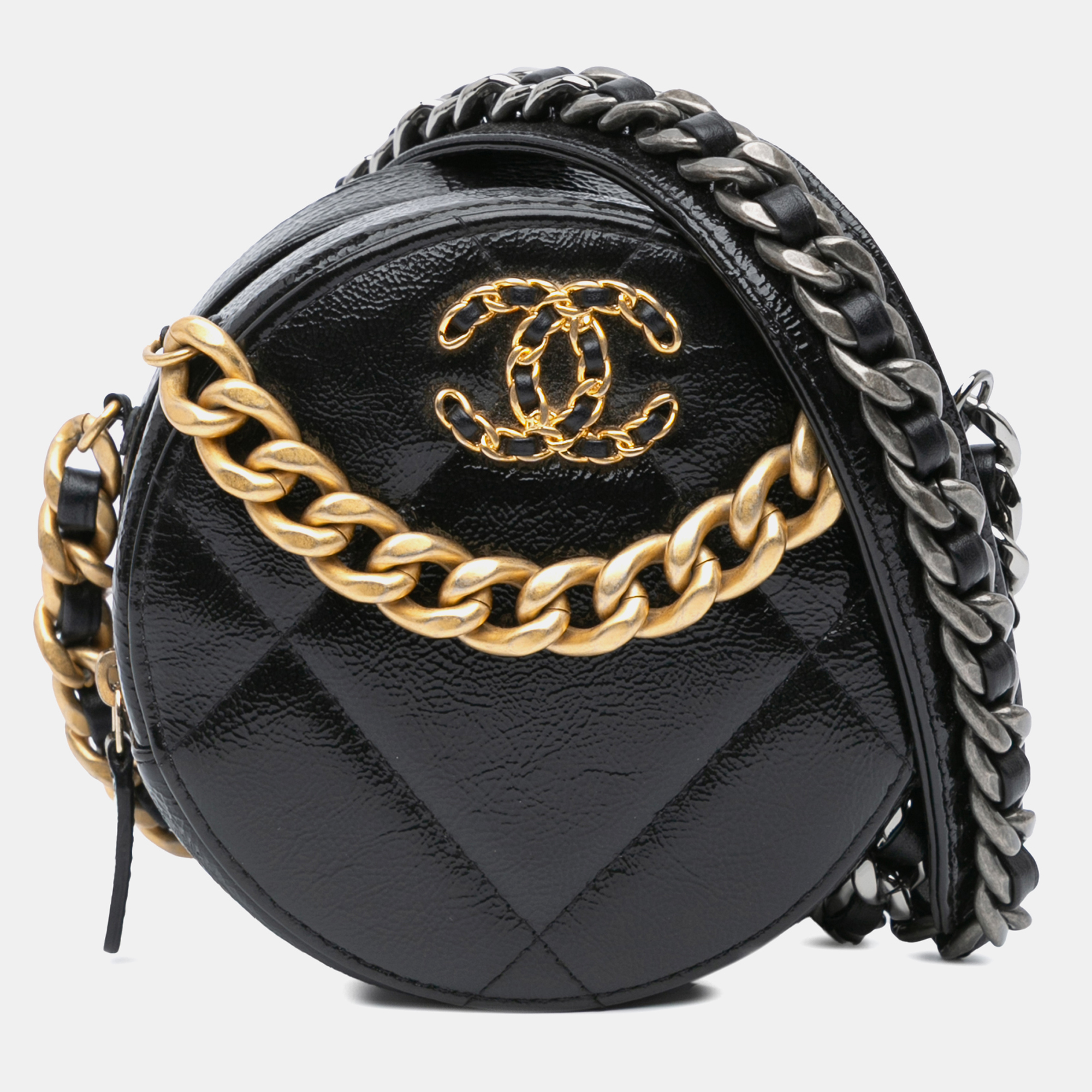 

Chanel Black Shiny Crumpled Calfskin 19 Round Clutch with Chain