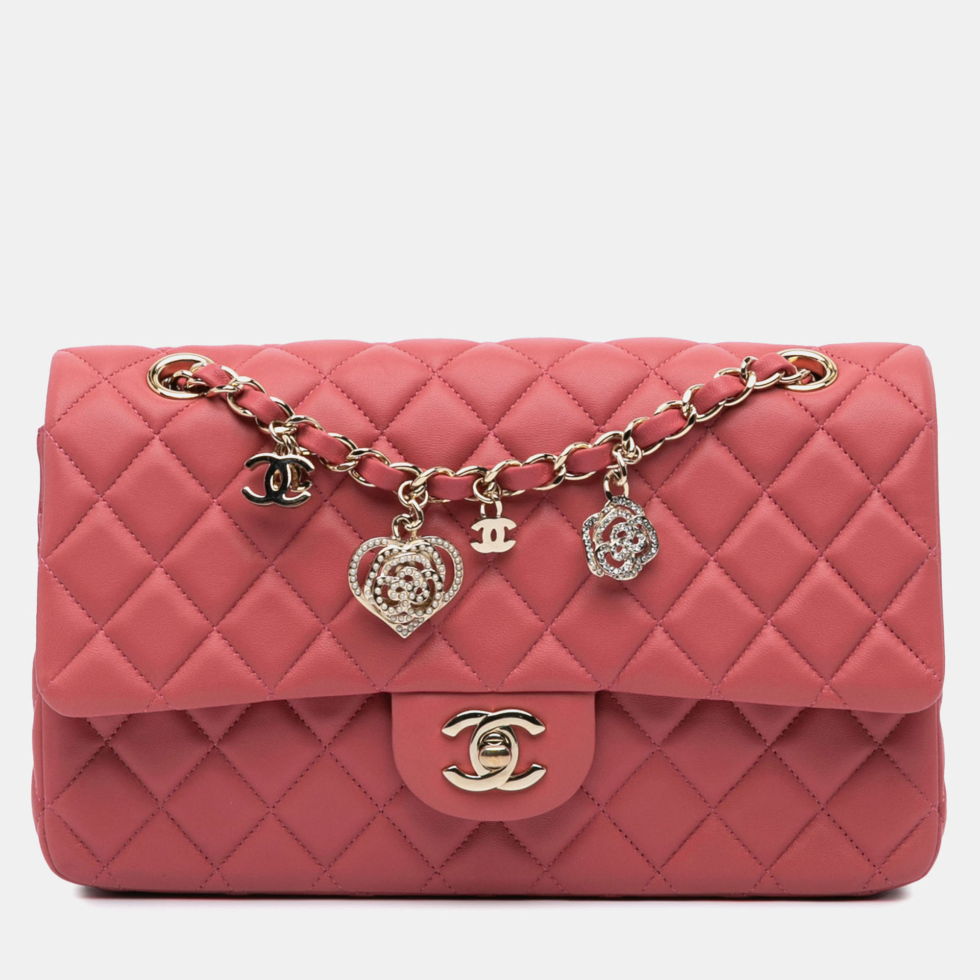 

Chanel Pink Medium Lambskin Valentine Heart Charms Single Flap