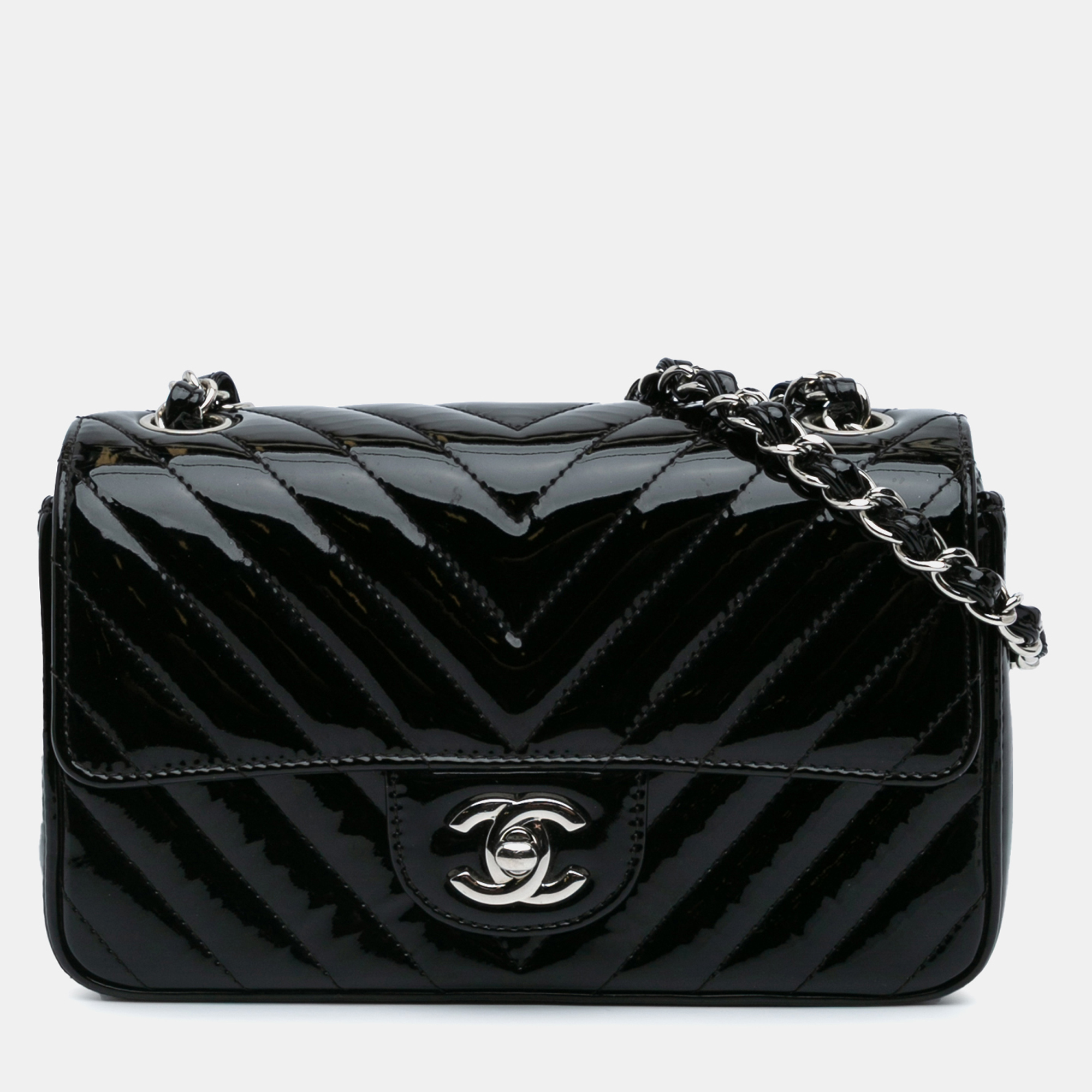 

Chanel Black Mini Rectangular Classic Chevron Patent Single Flap