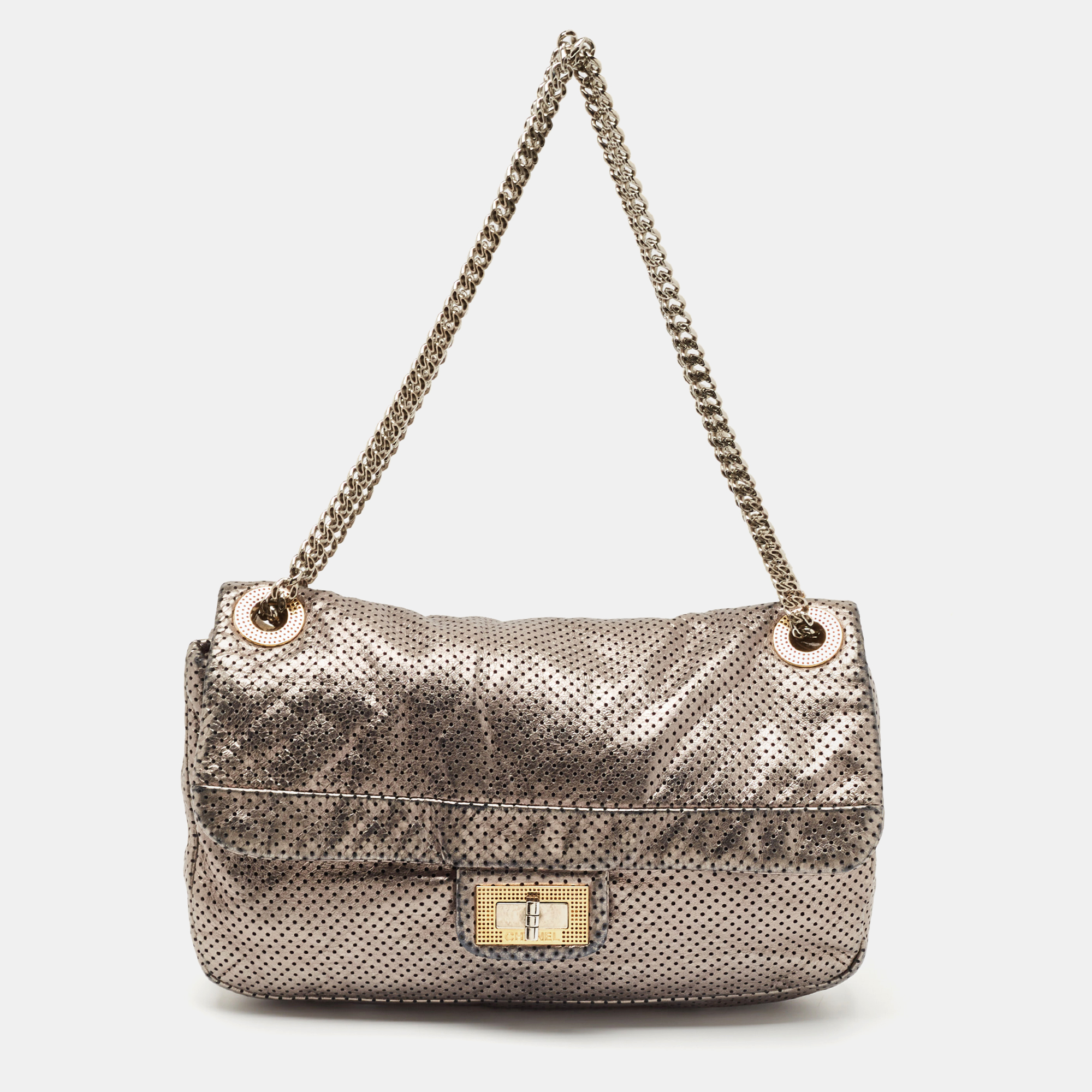 

Chanel Metallic Grey Drill Perforated Leather Reissue 2.55 Classic Flap Bag