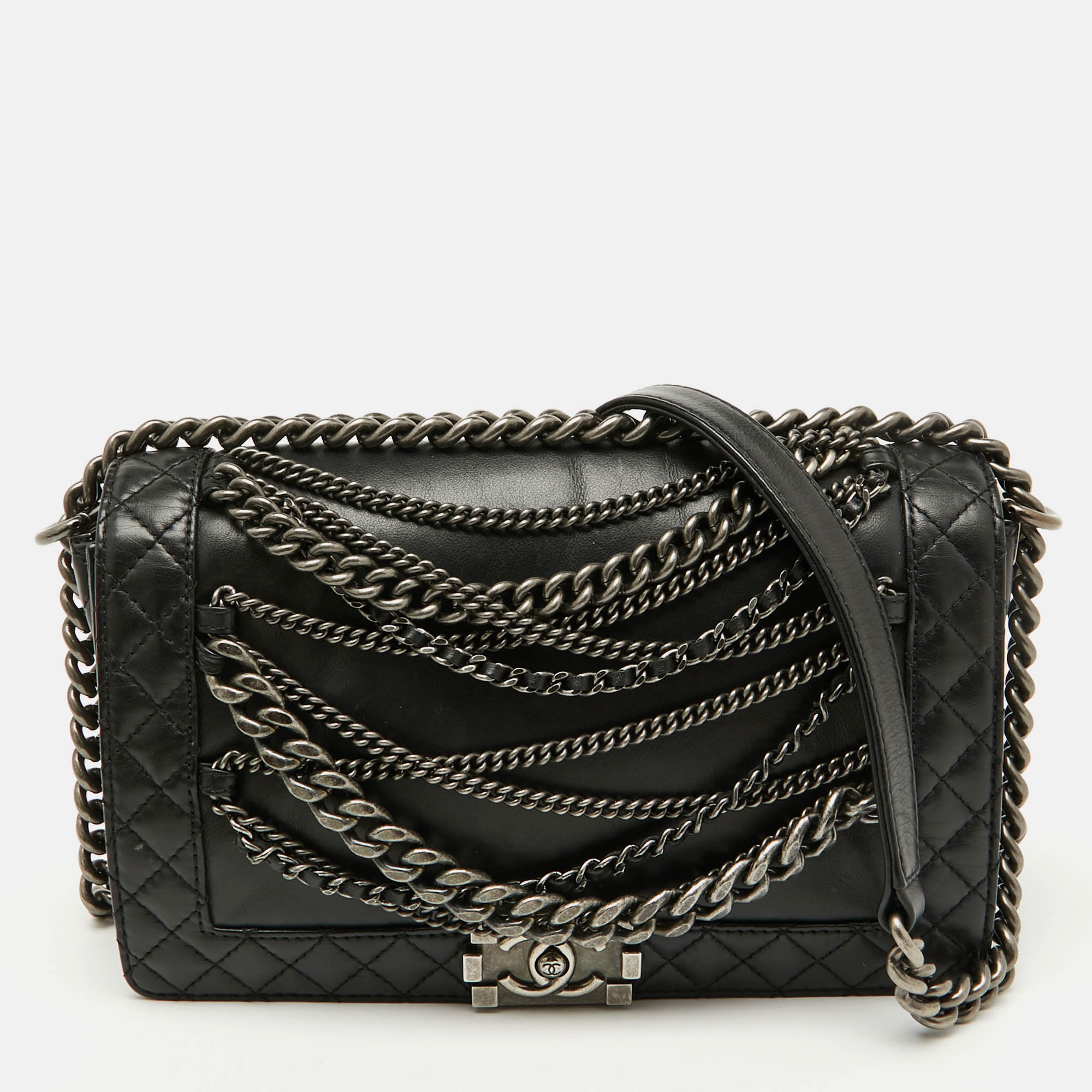 

Chanel Black Leather Enchained New  Boy Flap Bag