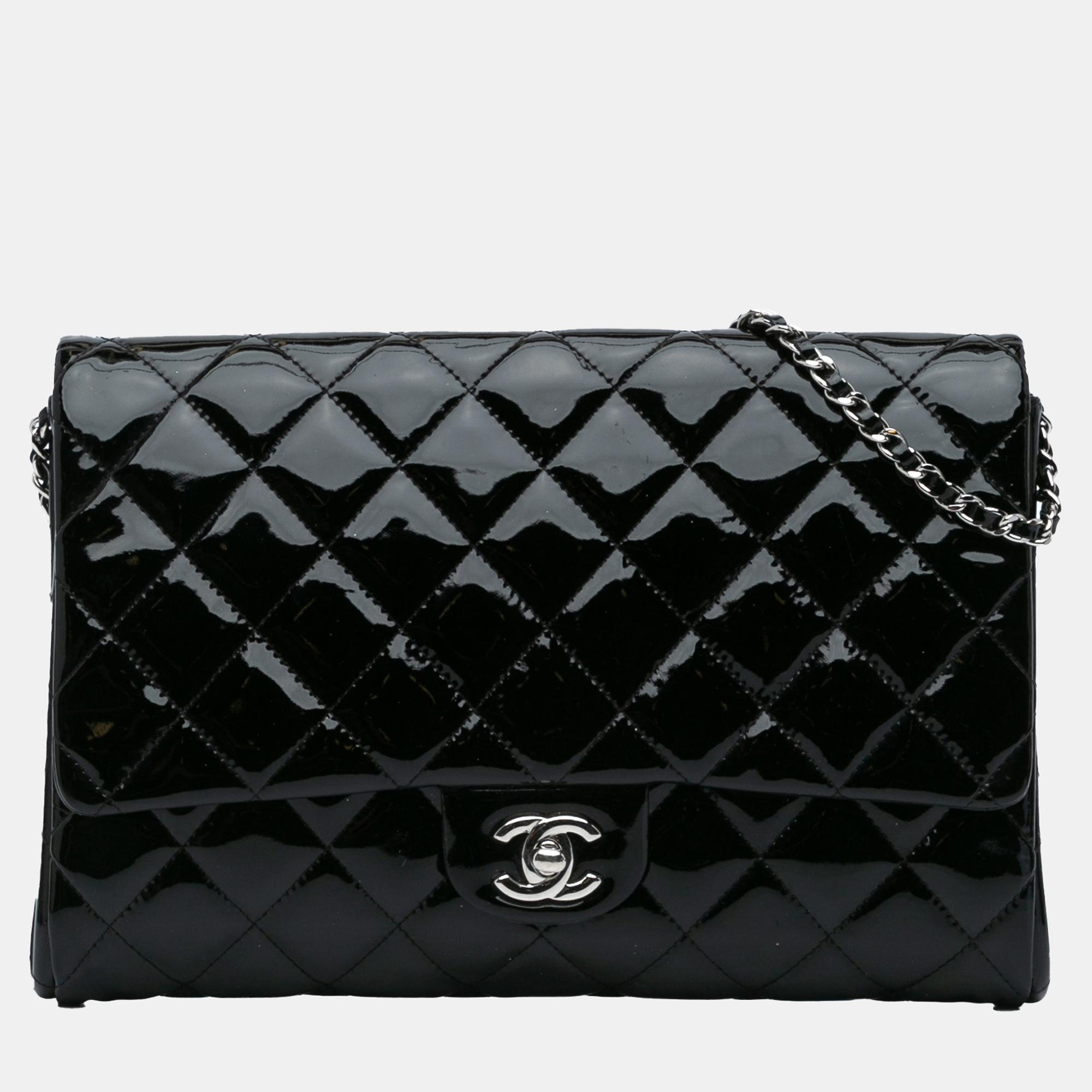 

Chanel Black CC Quilted Patent Clutch With Chain