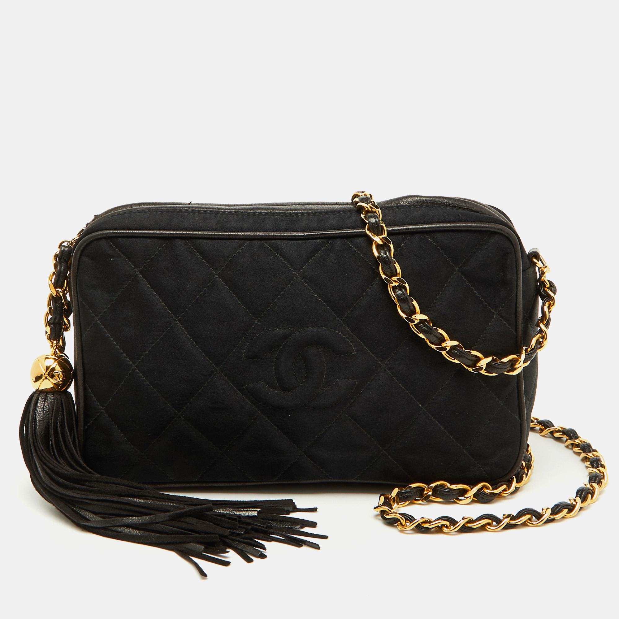 

Chanel Black Quilted Satin CC Tassel Vintage Bag