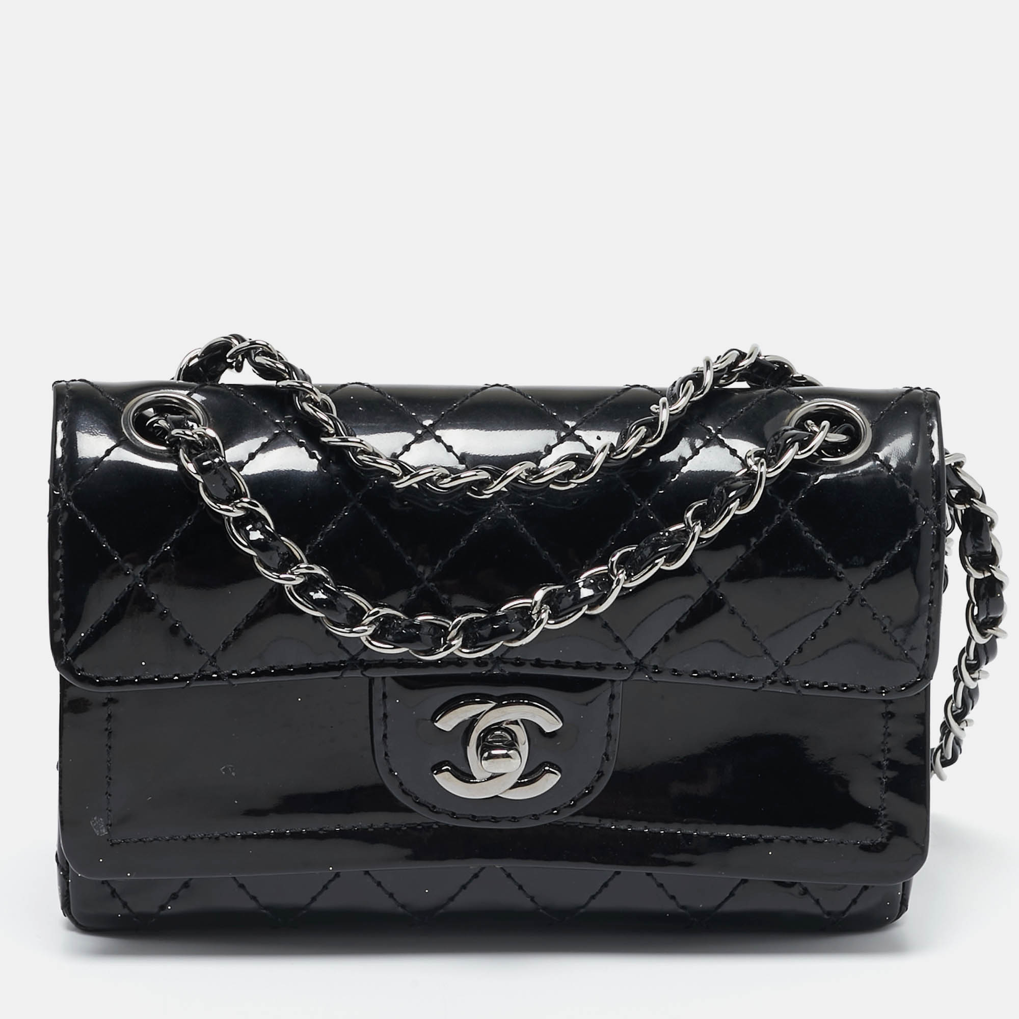 

Chanel Black Quilted Patent Leather Small Double Flap Bag