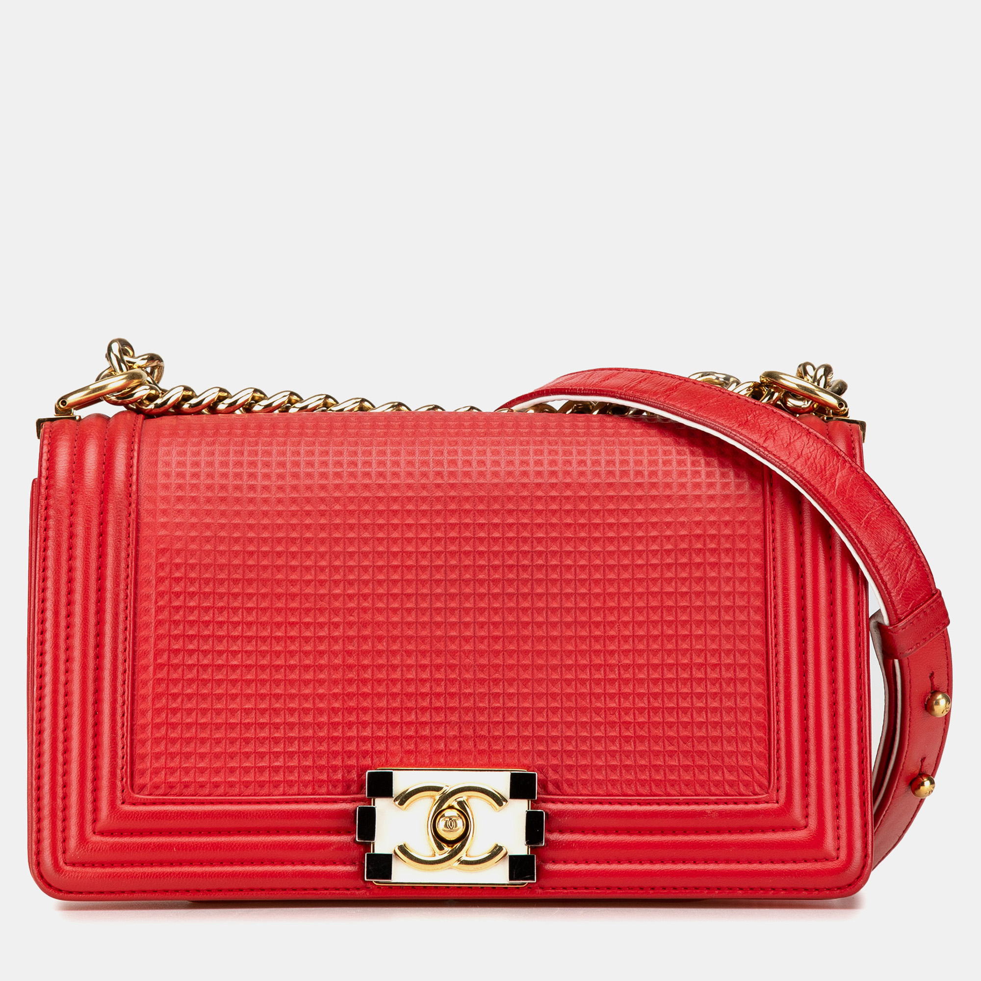 

Chanel Red Medium Embossed Lambskin Cube Boy Flap