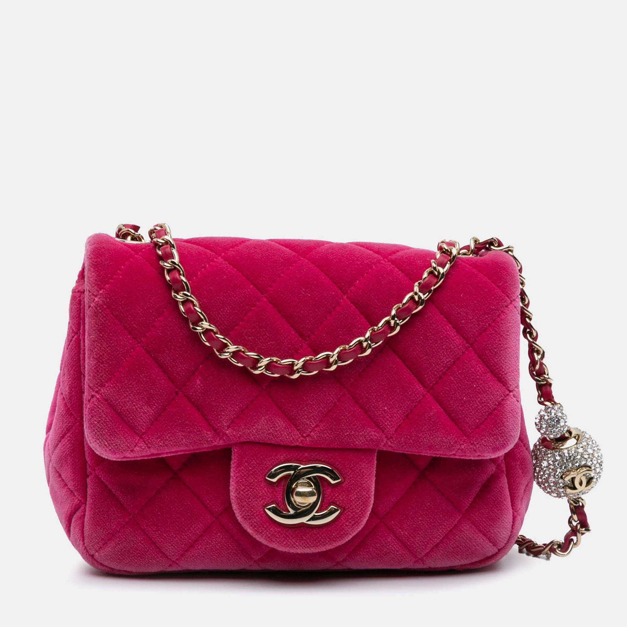 

Chanel Pink Mini Square Classic Velvet Pearl Crush Single Flap