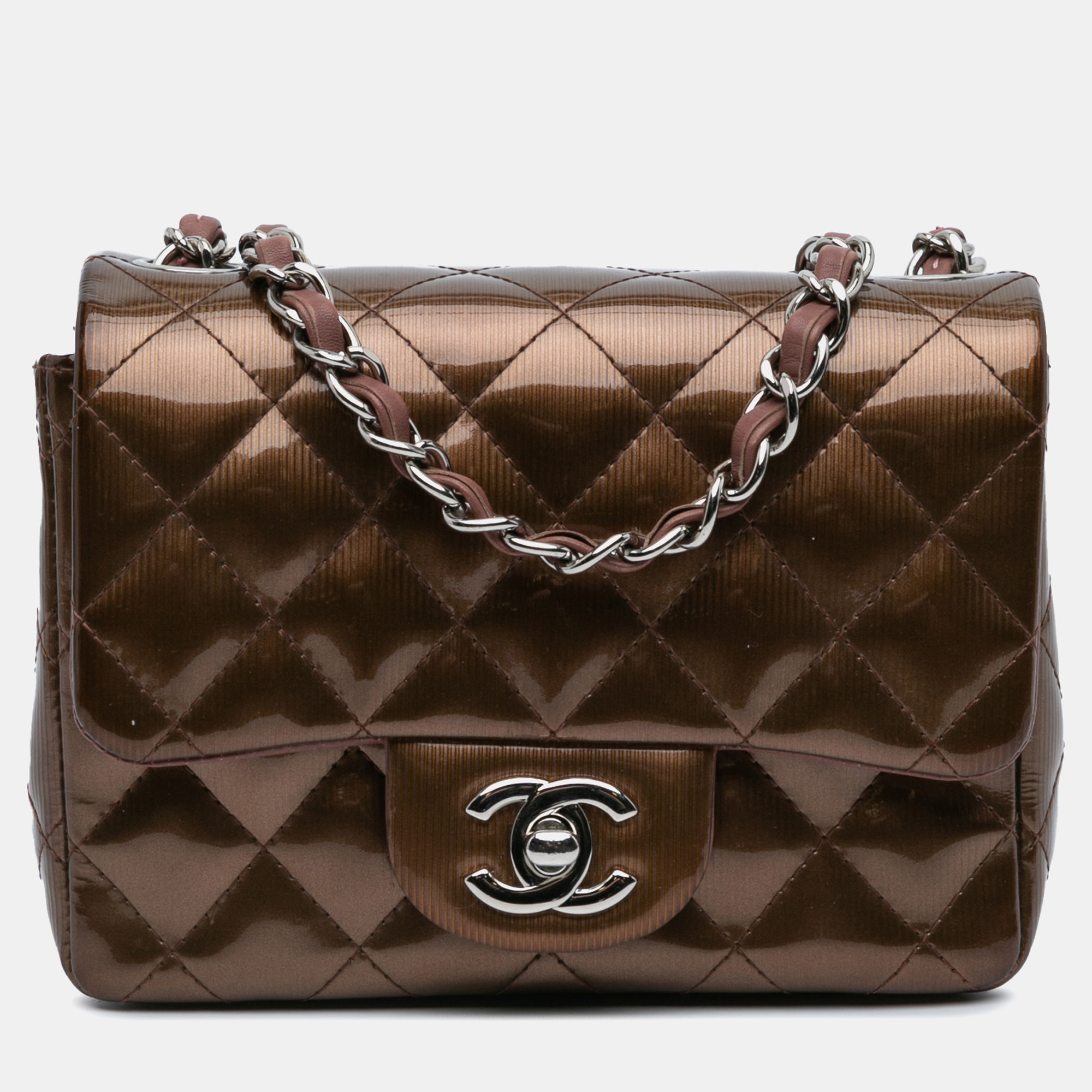 

Chanel Brown Mini Square Classic Patent Single Flap