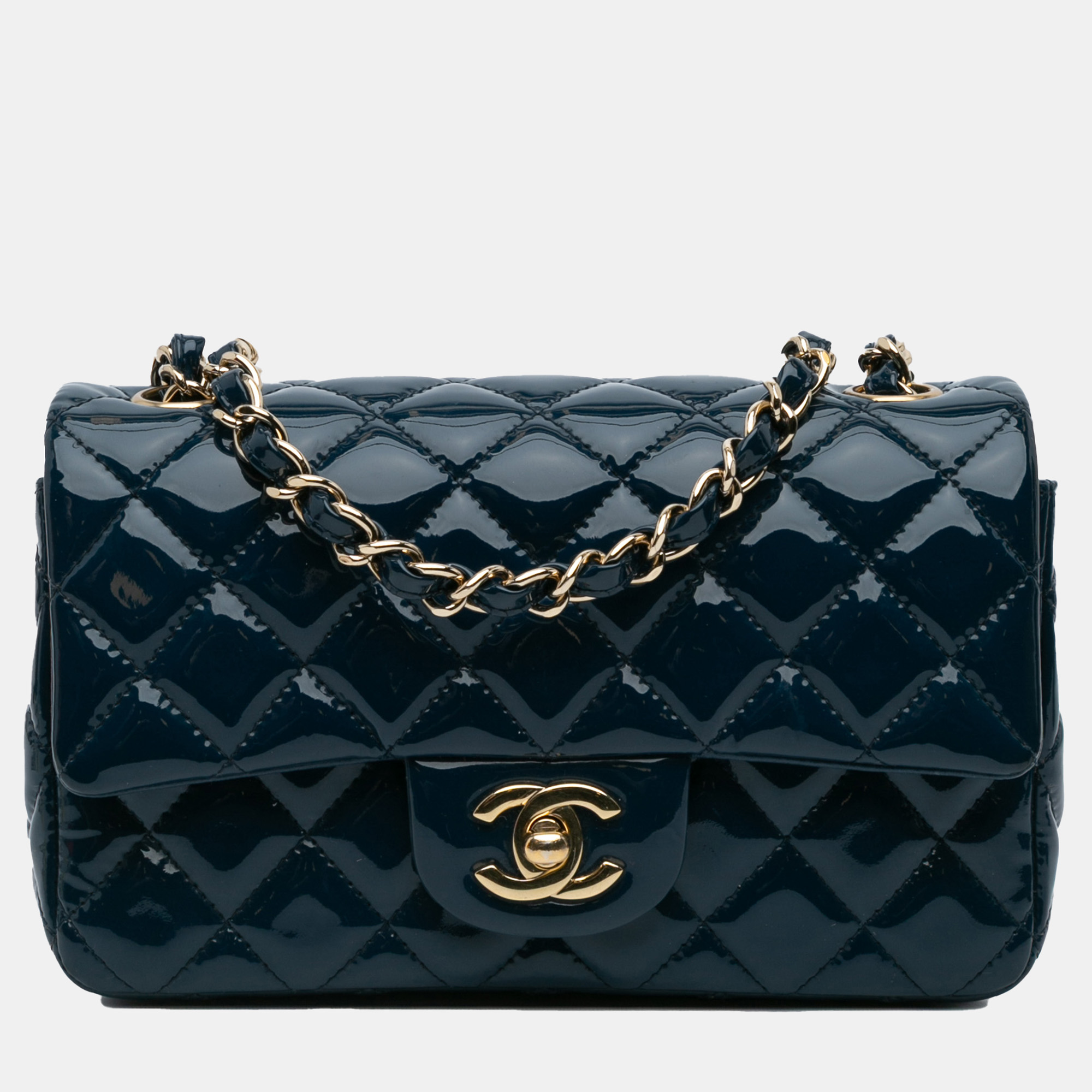 

Chanel Blue Mini Rectangular Classic Patent Single Flap