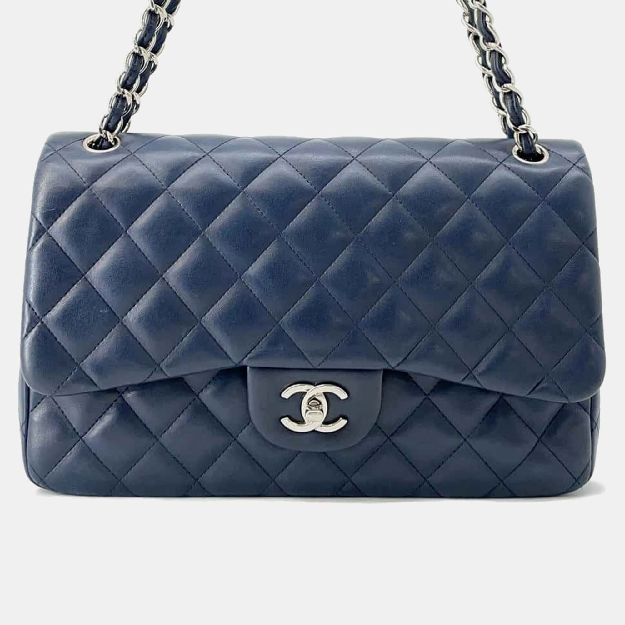 

Chanel Navy Lambskin Matelasse W Chain W Flap Shoulder Bag Size, Navy blue