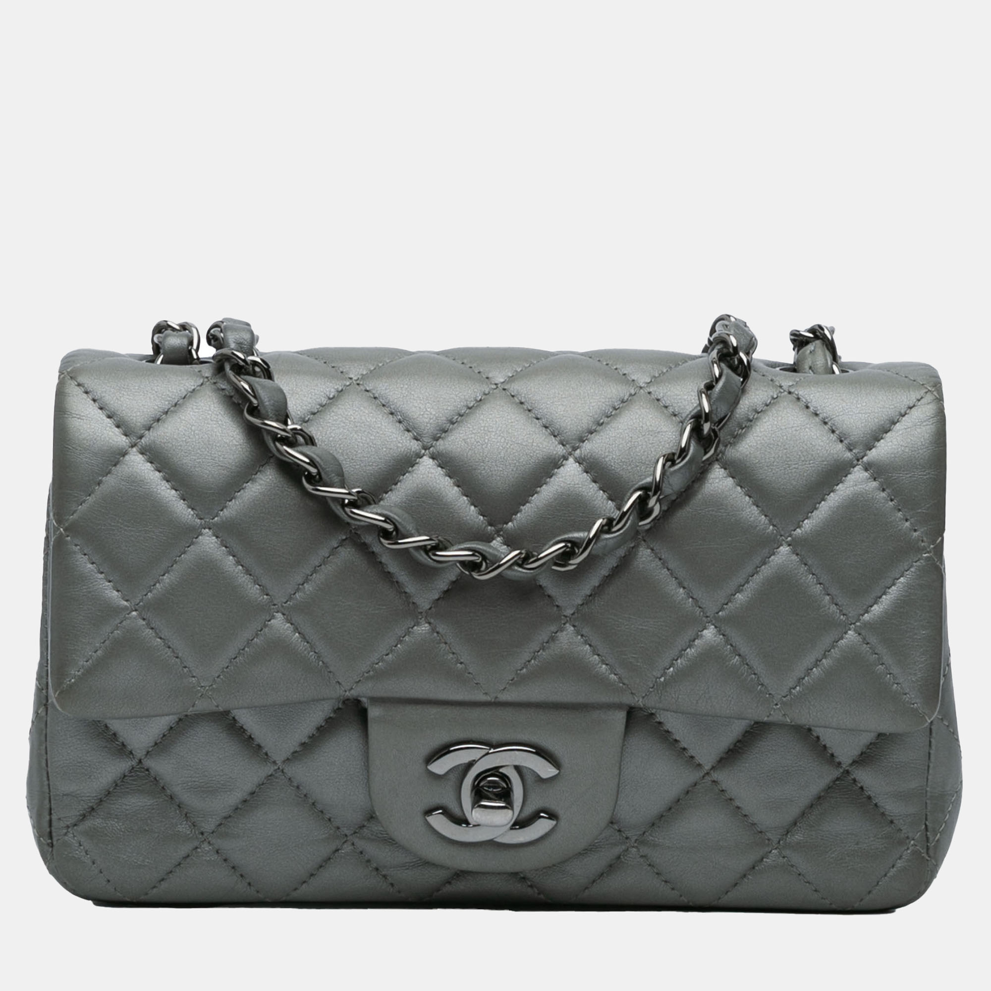 

Chanel Silver Mini Rectangular Classic Lambskin Single Flap