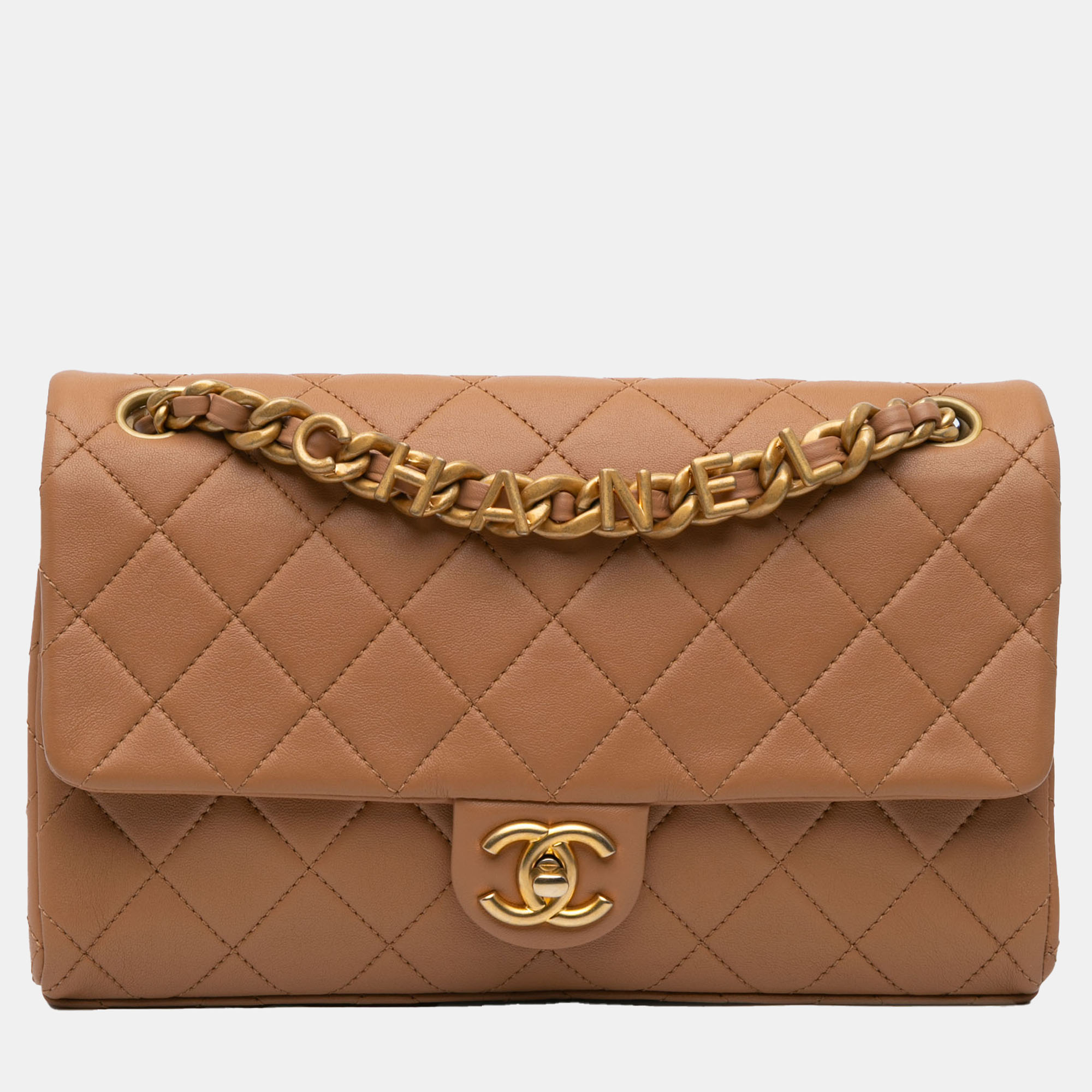 

Chanel Brown Medium Quilted Lambskin Logo Letters Chanel Touch Chain Flap Bag