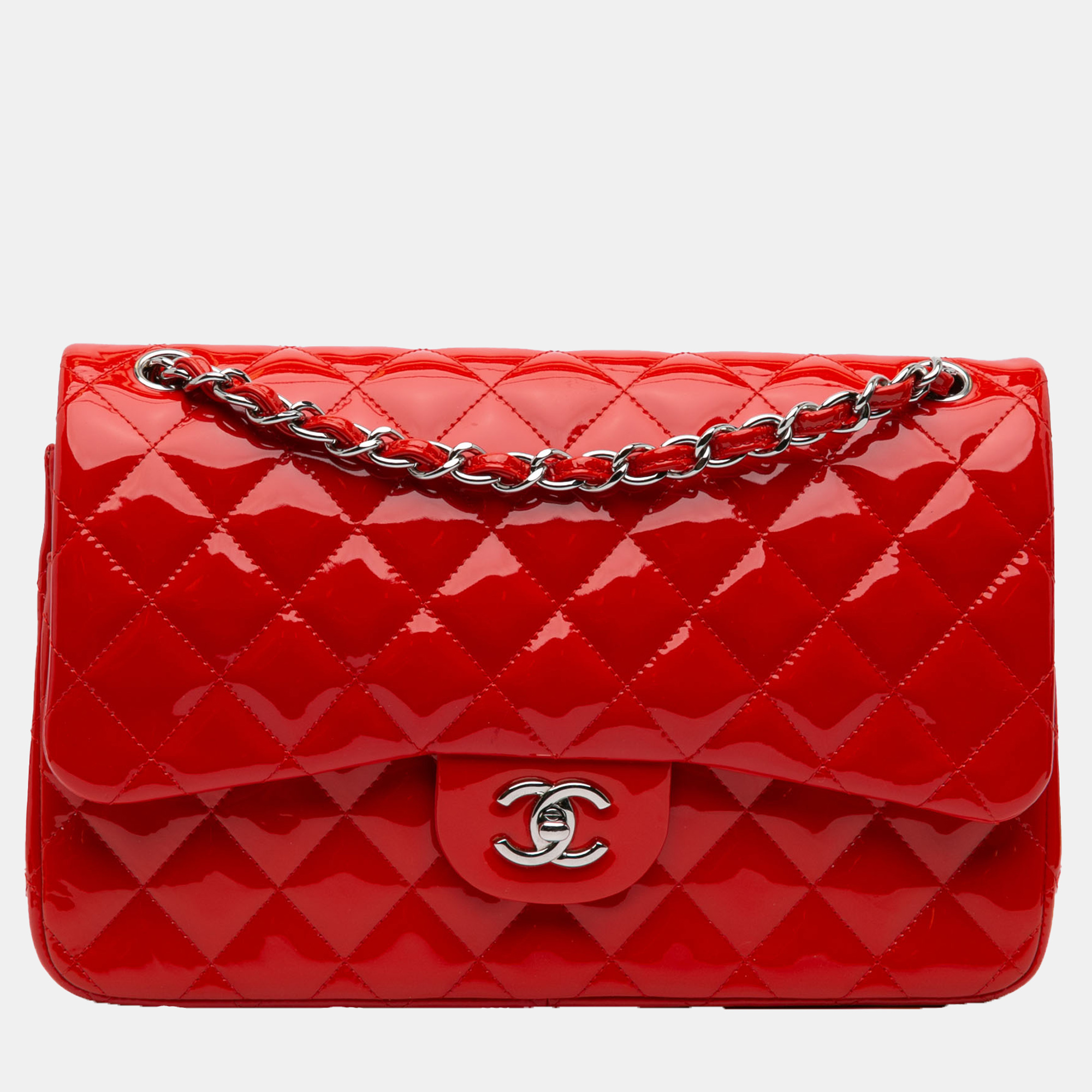 

Chanel Red Jumbo Classic Patent Double Flap Bag