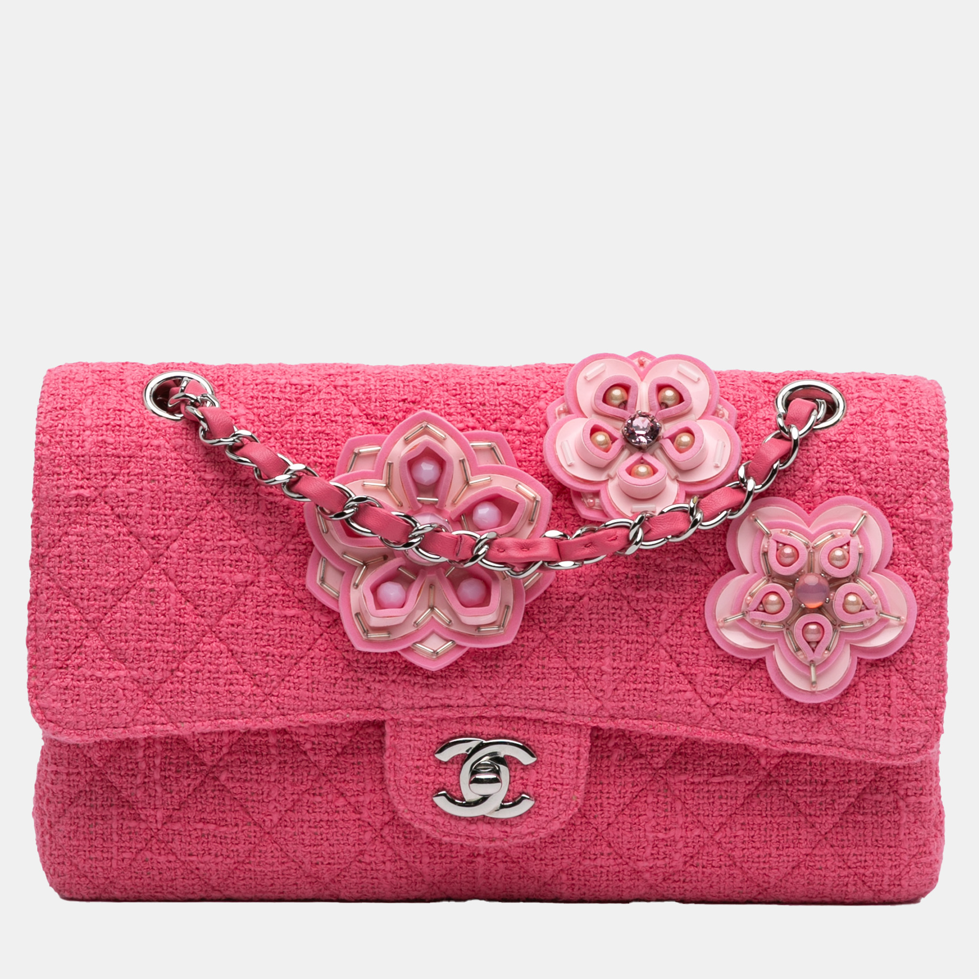 

Chanel Pink Medium Classic Tweed Flower Double Flap Bag