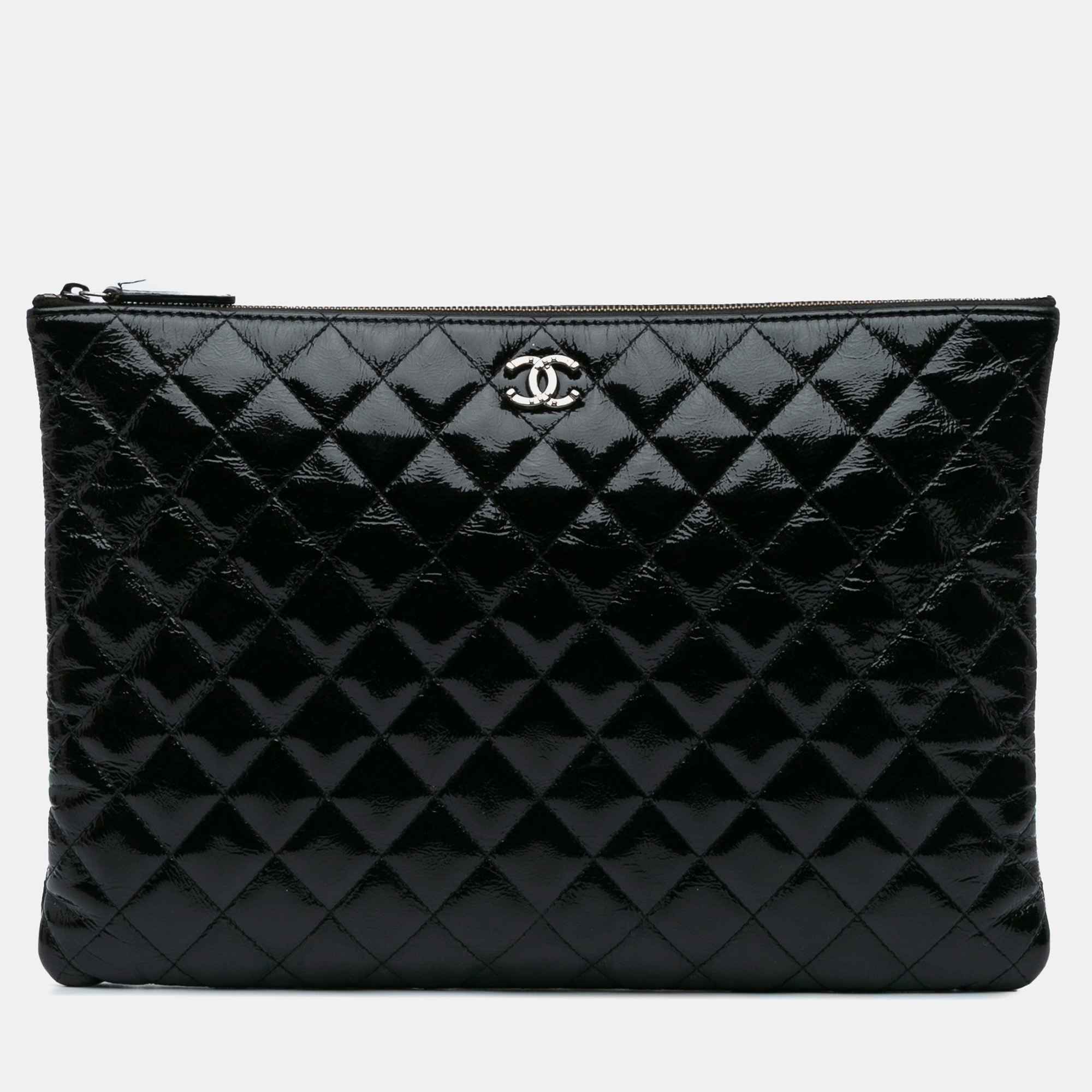 

Chanel Black Large Crinkled Patent O Case Clutch