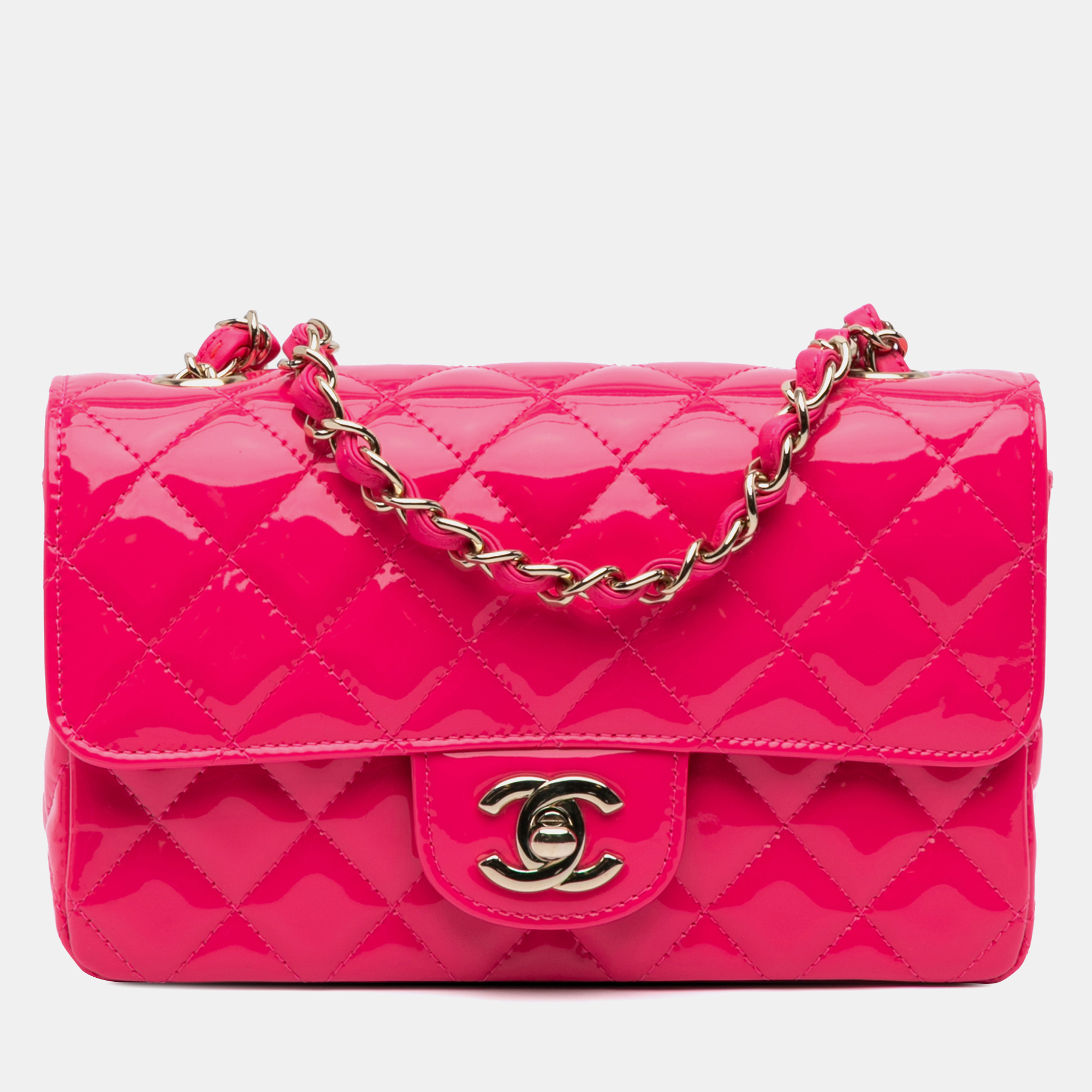 

Chanel Pink Mini Rectangular Classic Patent Single Flap