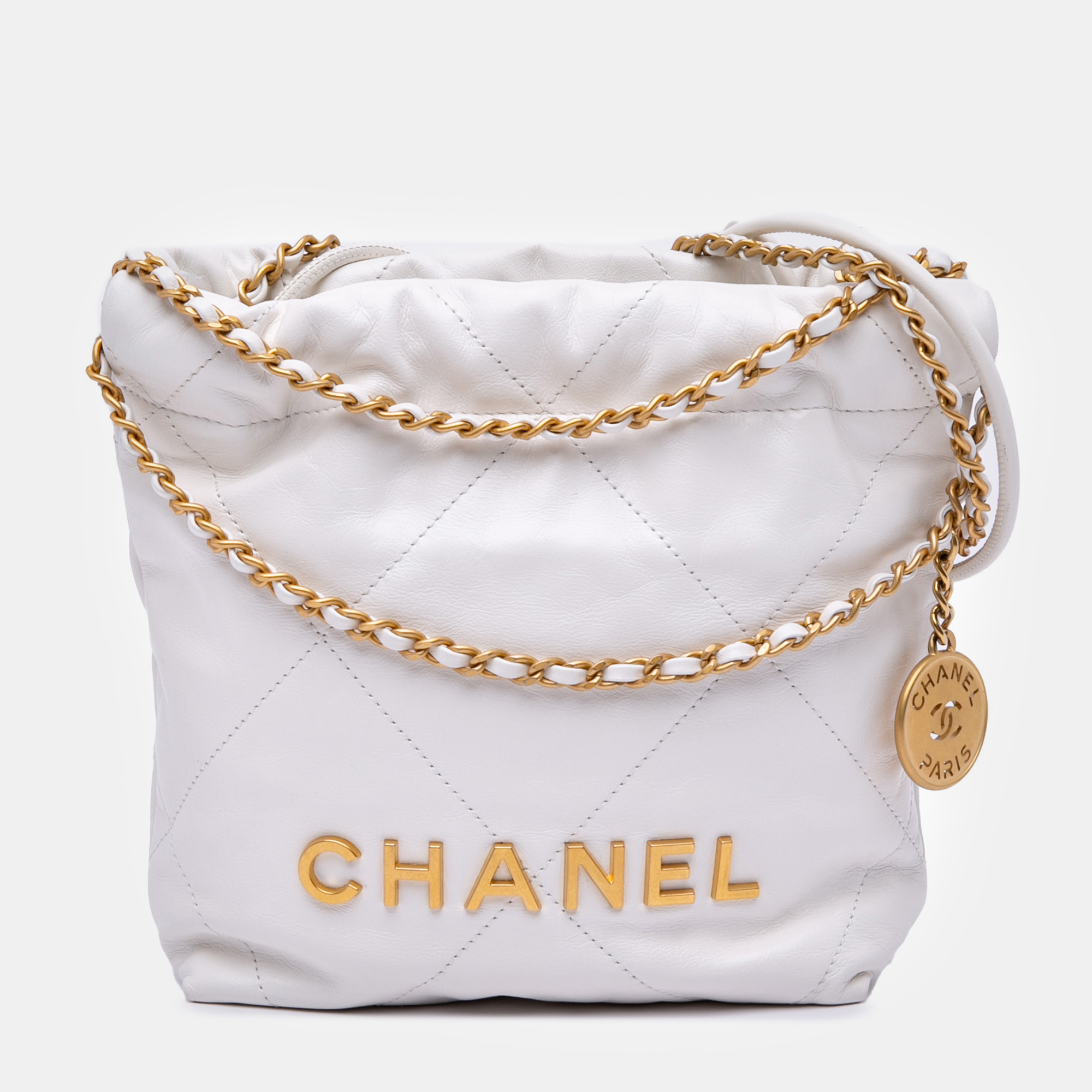 

Chanel White Mini Shiny Calfskin 22 Hobo Bag