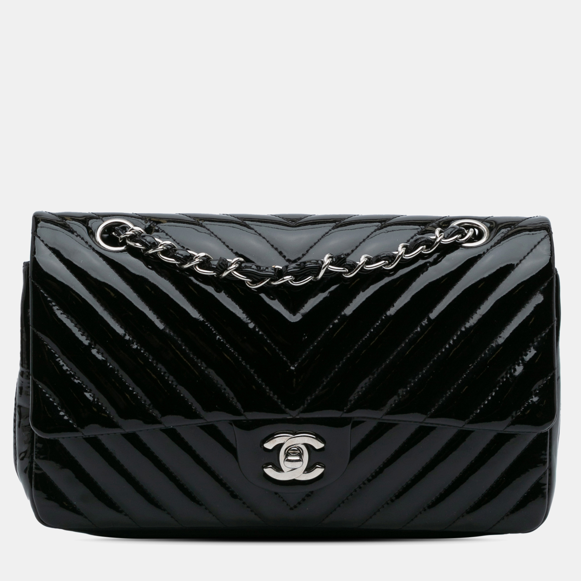 

Chanel Black Medium Classic Chevron Patent Double Flap Bag