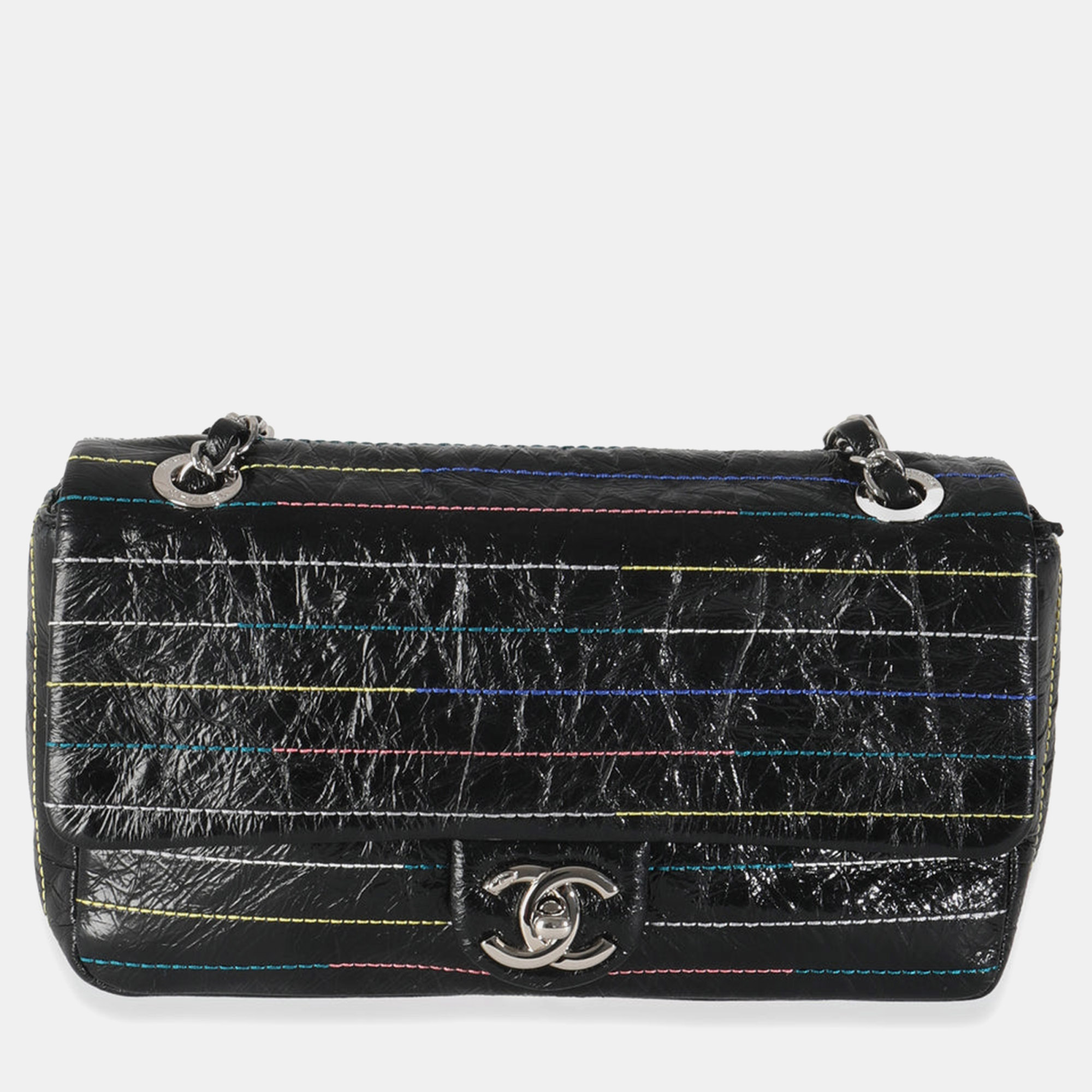 

Chanel Black Crinkle Patent Multicolor Stitch Single Flap Bag