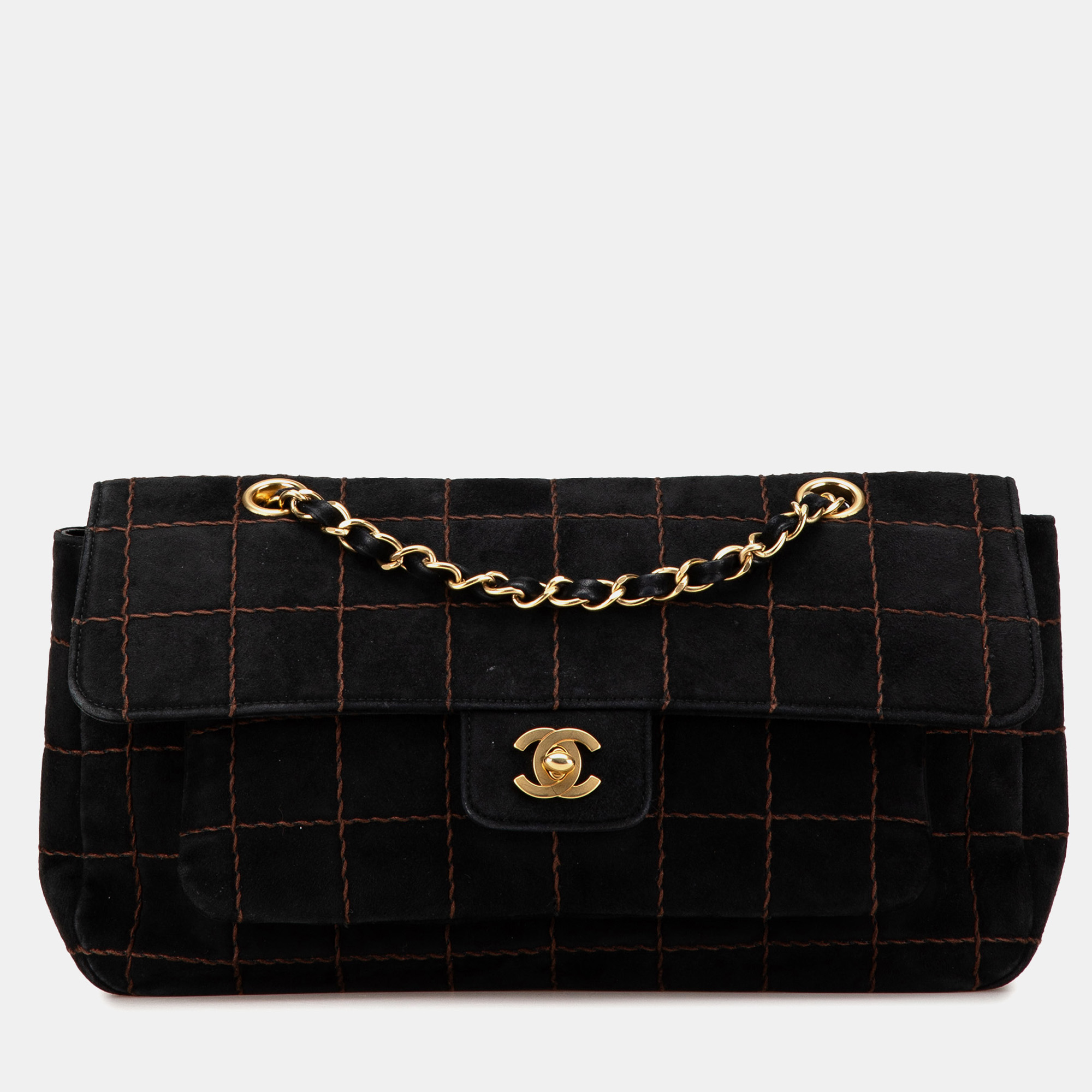 

Chanel Black Choco Bar Suede Stitched Chain Flap