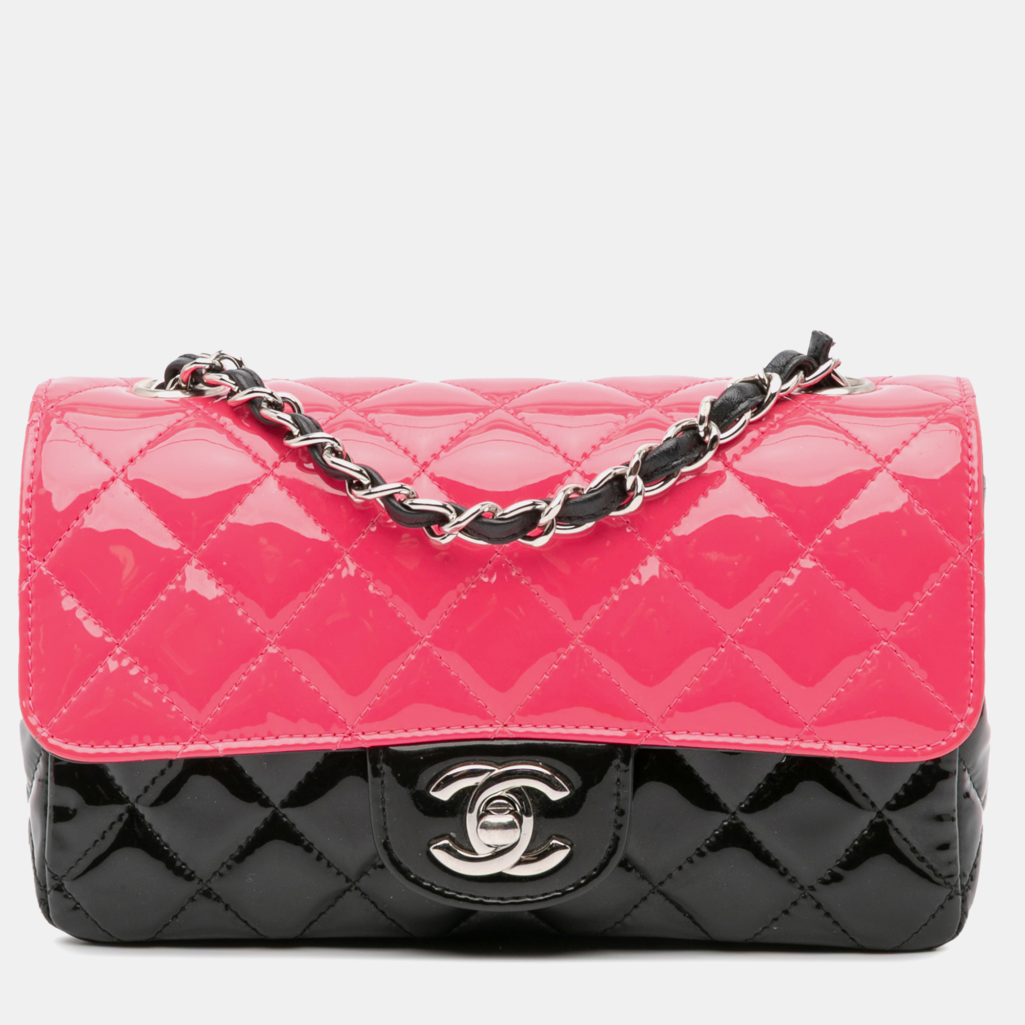 

Chanel Black Pink Mini Rectangular Bicolor Patent Leather Flap Bag