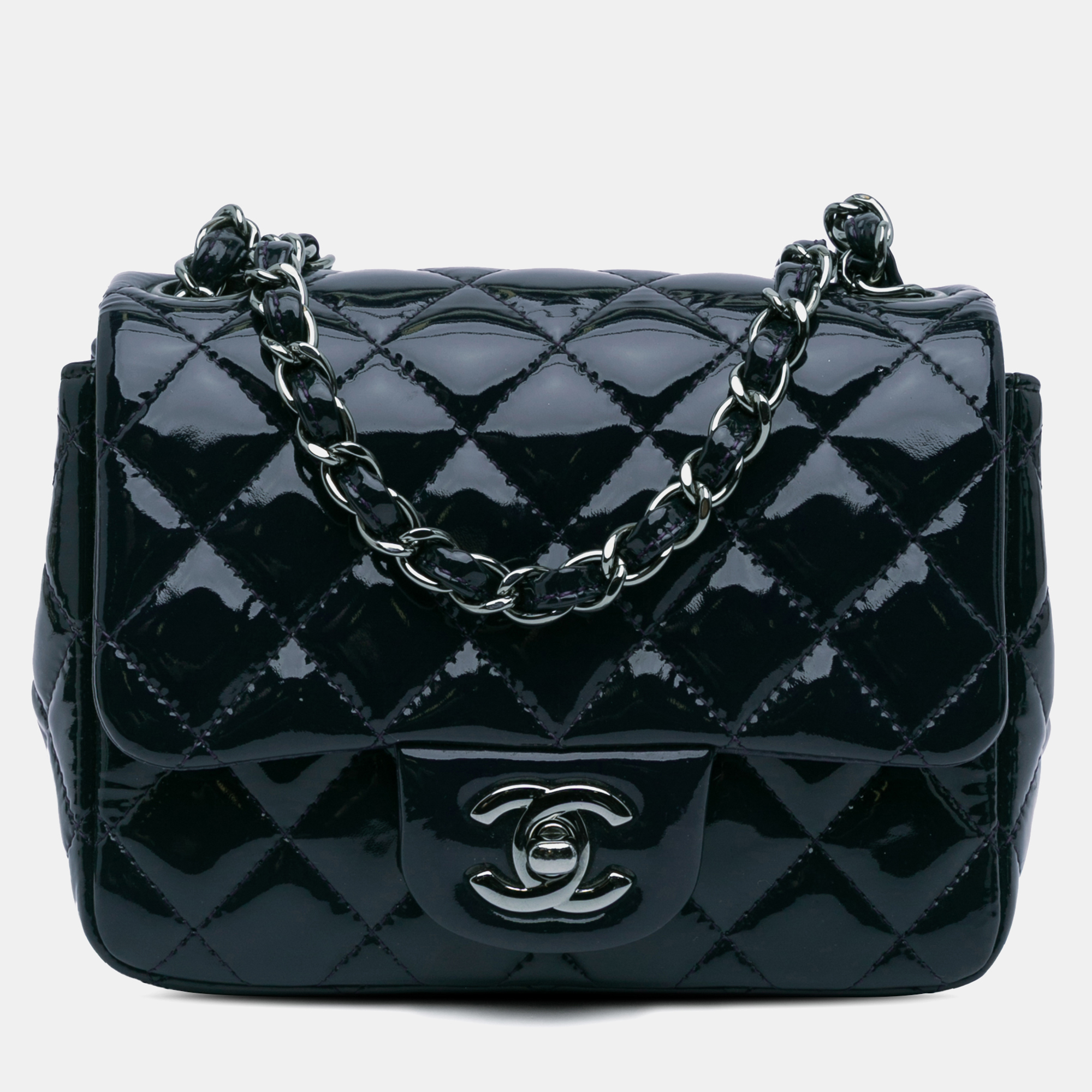 

Chanel Navy Blue Mini Square Classic Patent Single Flap