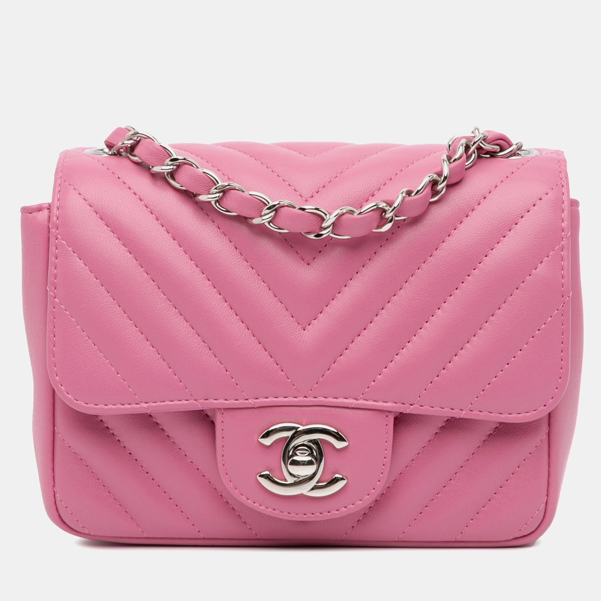 

Chanel Pink Mini Square Classic Chevron Lambskin Single Flap