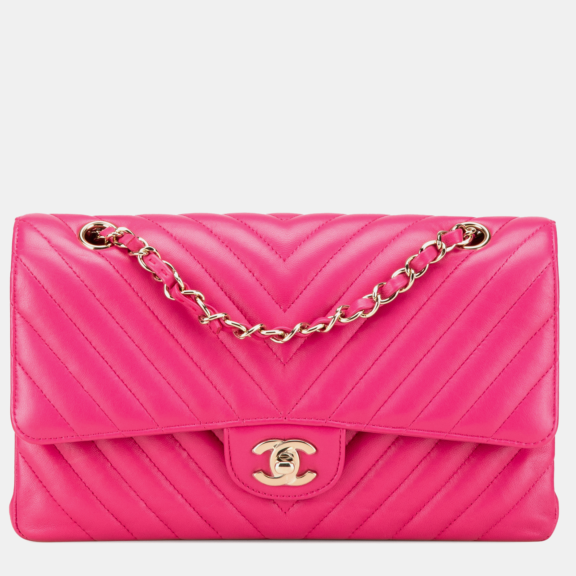 

Chanel Pink Medium Classic Chevron Lambskin Double Flap