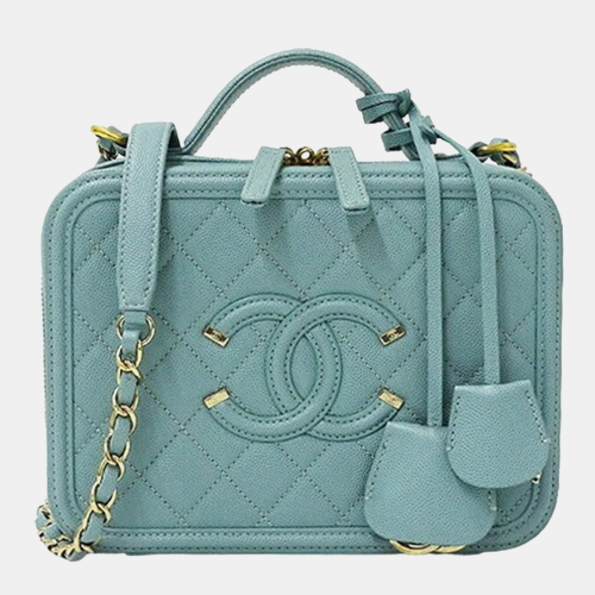 

Chanel Bag Filigree Vanity Handbag Caviar Skin Light Blue Chain, Green