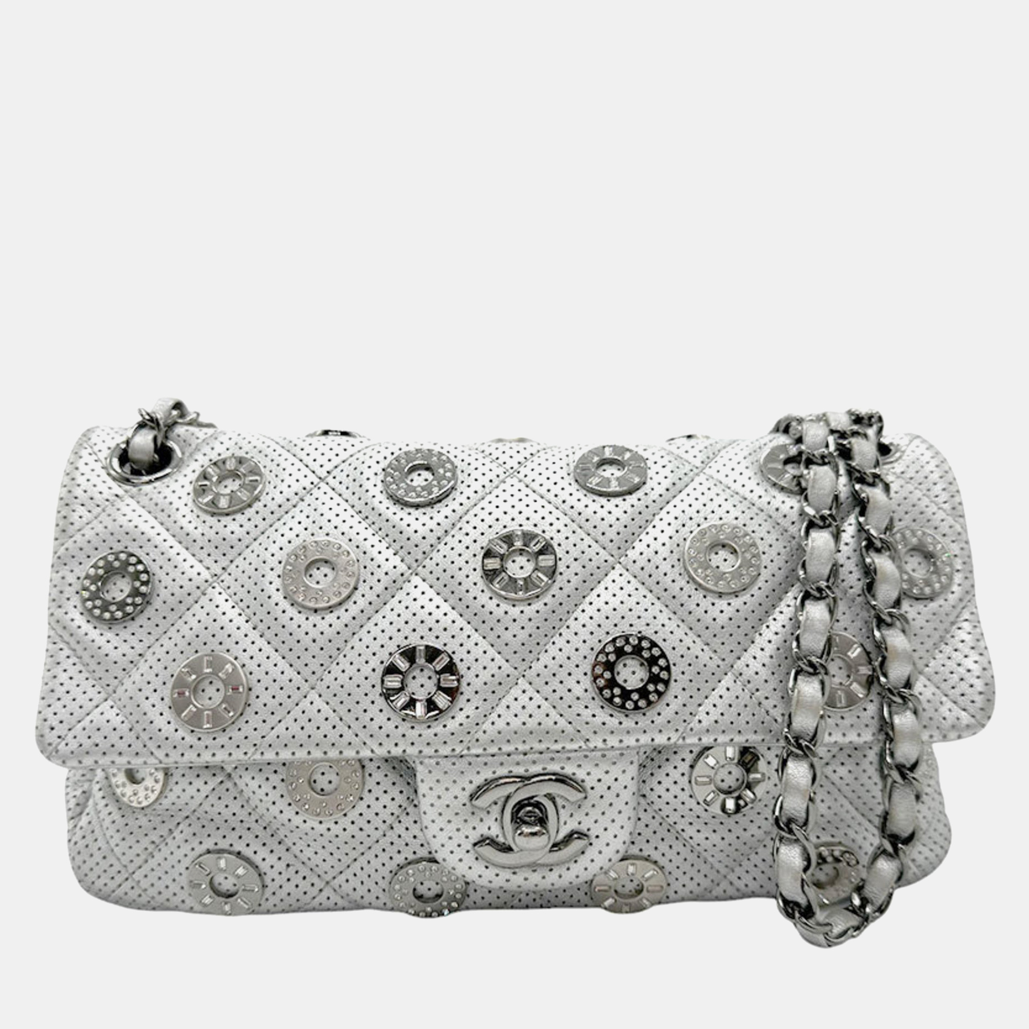 

Chanel Silver Leather Perforated Chain Shoulder Bag