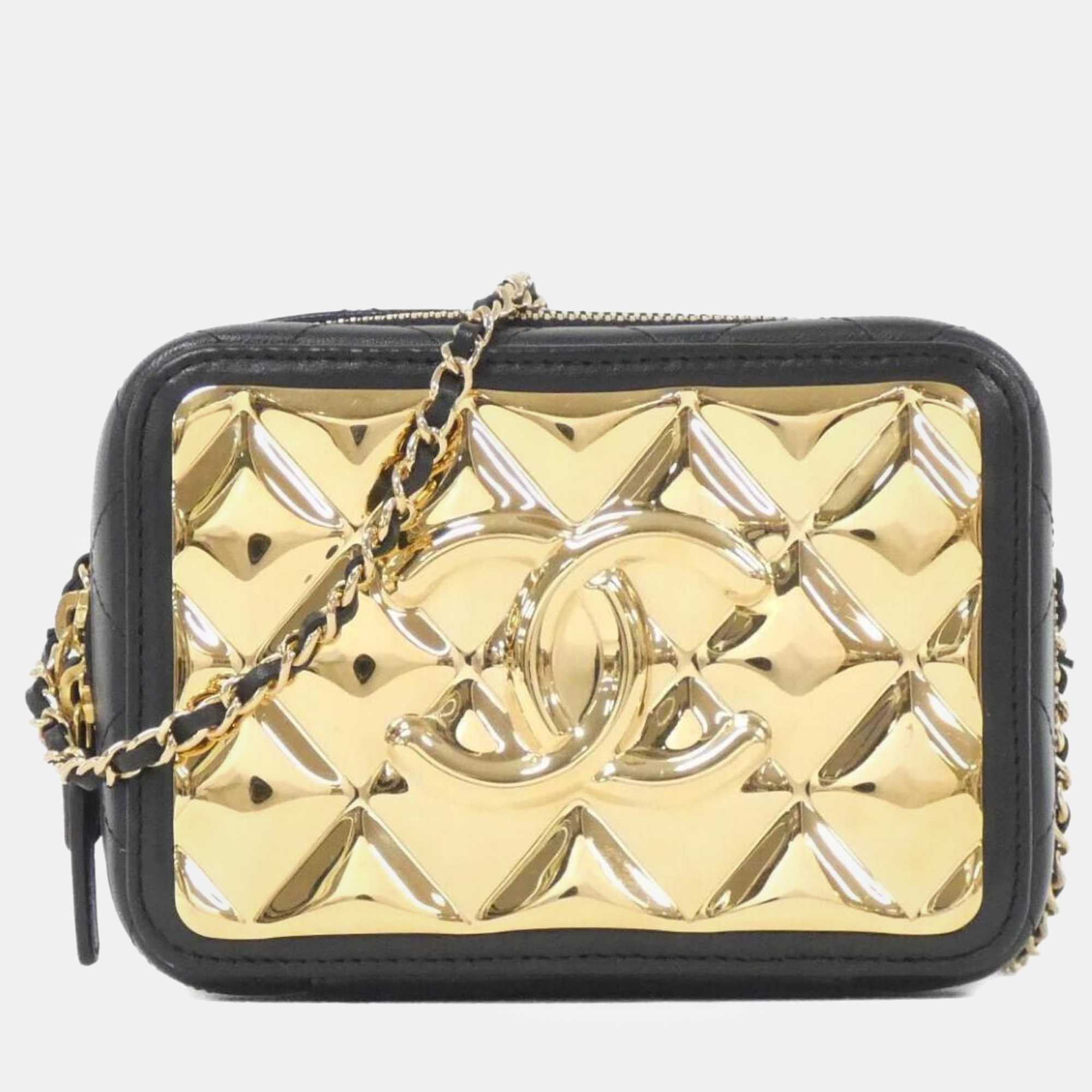 

Chanel Black/Gold Lambskin Metal Quilted Vanity Case With Chain