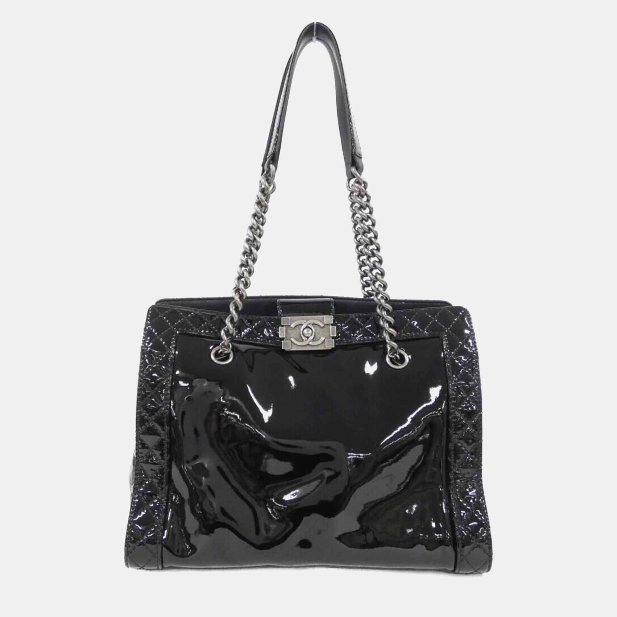 

Chanel Black Patent Leather Reverso Boy Tote Bag