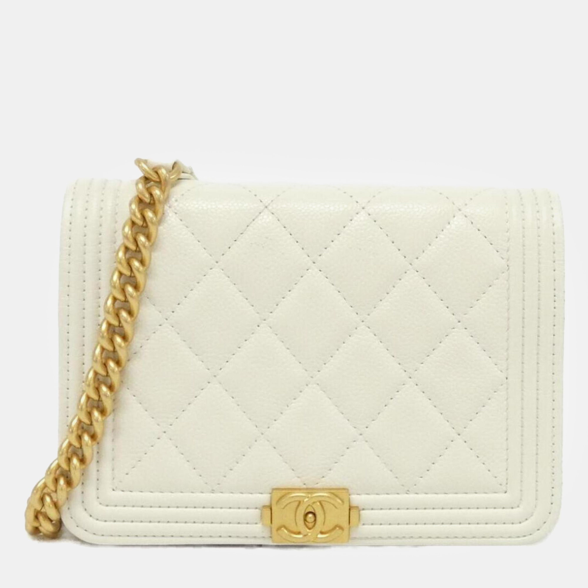 

Chanel White Caviar Leather Boy Chain Clutch Bag