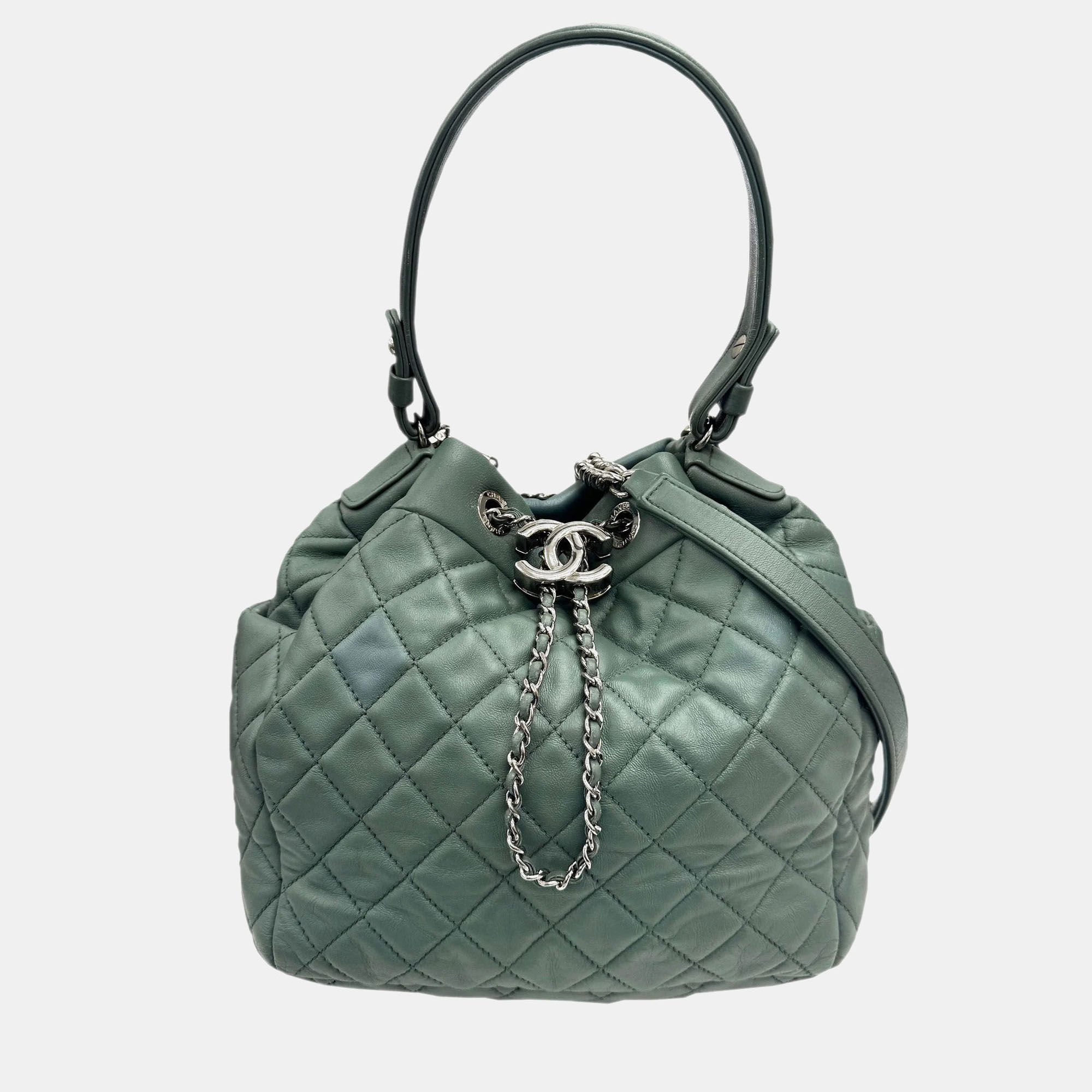 

Chanel Green Lambskin Quilted CC Chain Bucket Drawstring Bag