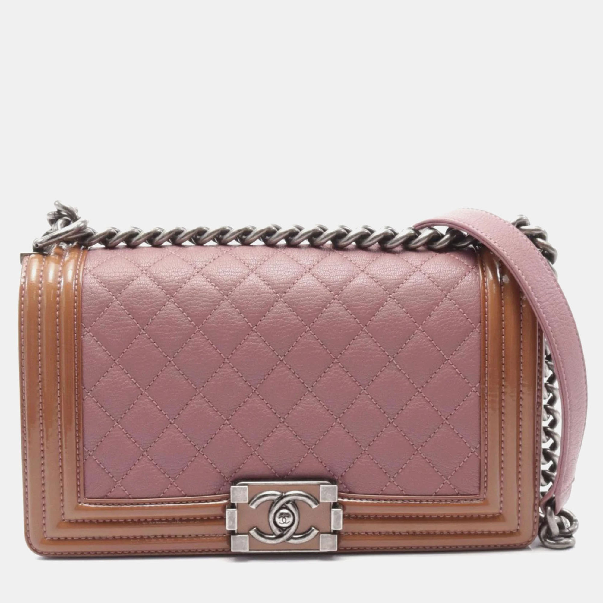 

Chanel Pink Tan Goatskin Quilted Patent Medium Duo Boy Flap Bag, Brown