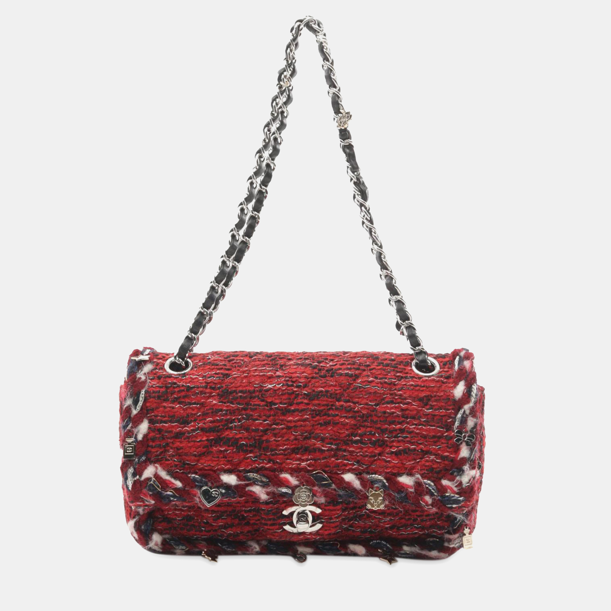 

Chanel Red Medium Tweed Braided Charms Double Flap