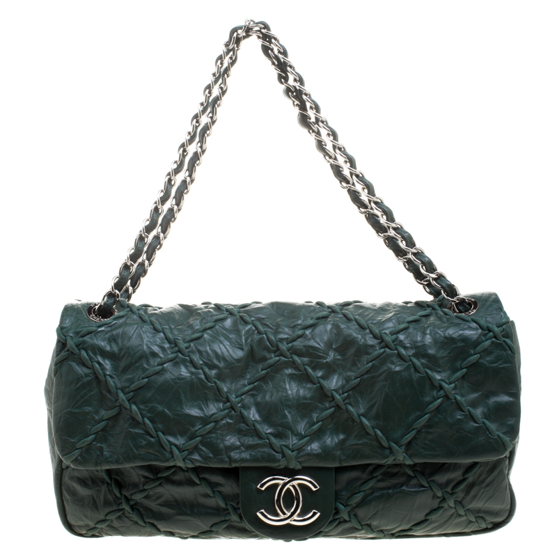 Pre Owned Chanel Green Crinkled Leather Ultra Stitch Classic Flap Bag