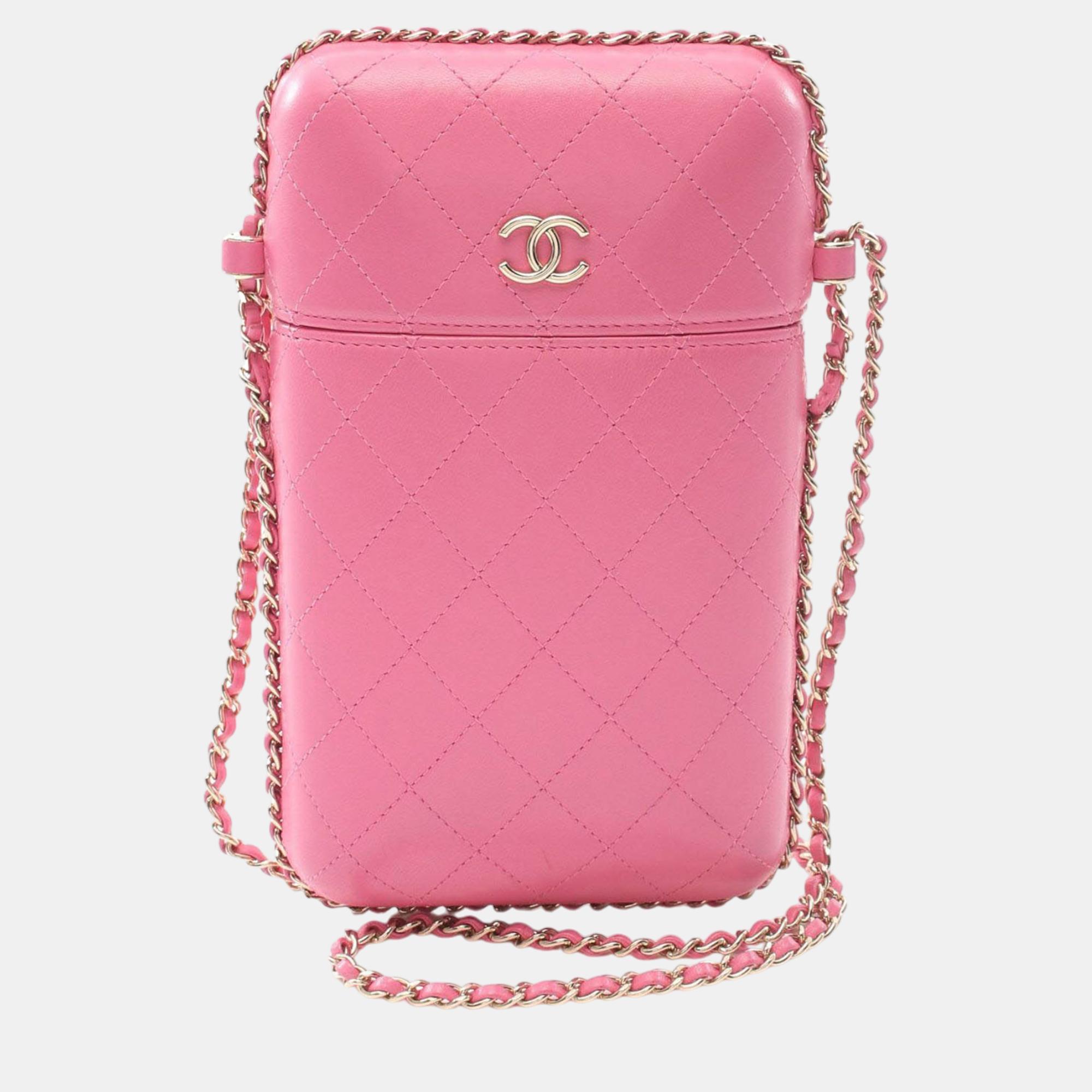 

Chanel Pink CC Quilted Lambskin Chain Around Phone Holder