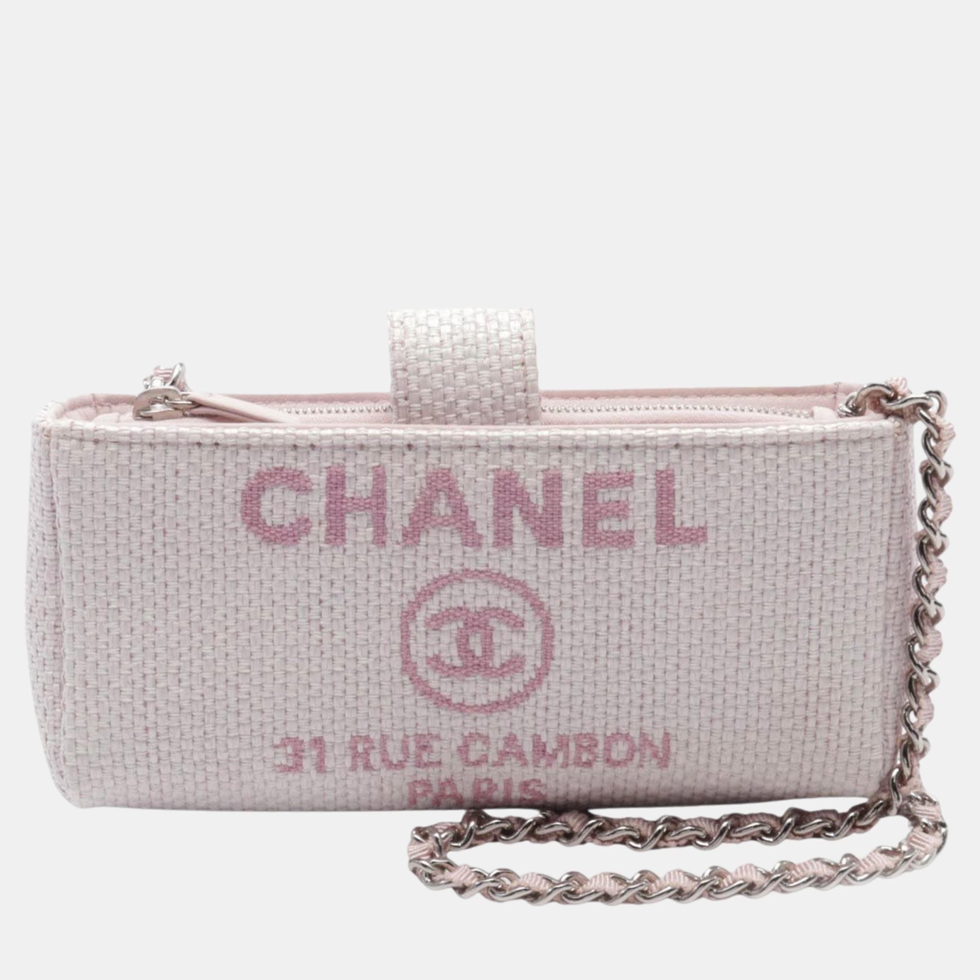 

Chanel Pink Raffia Deauville Phone Clutch on Chain