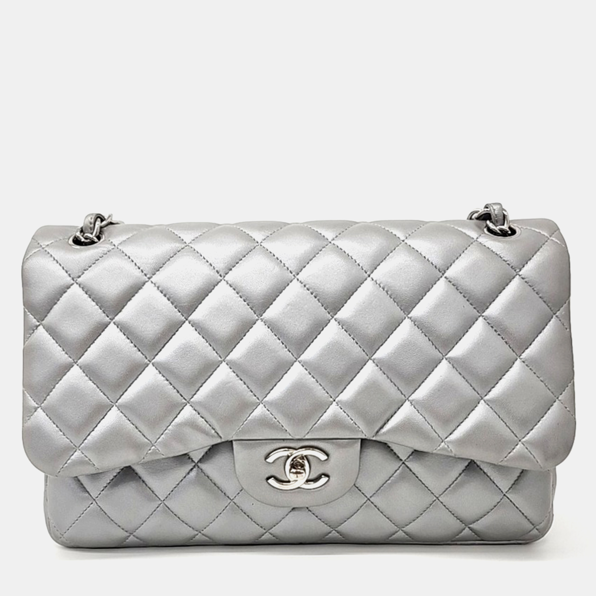 

Chanel Silver Leather Lambskin Classic Jumbo bag