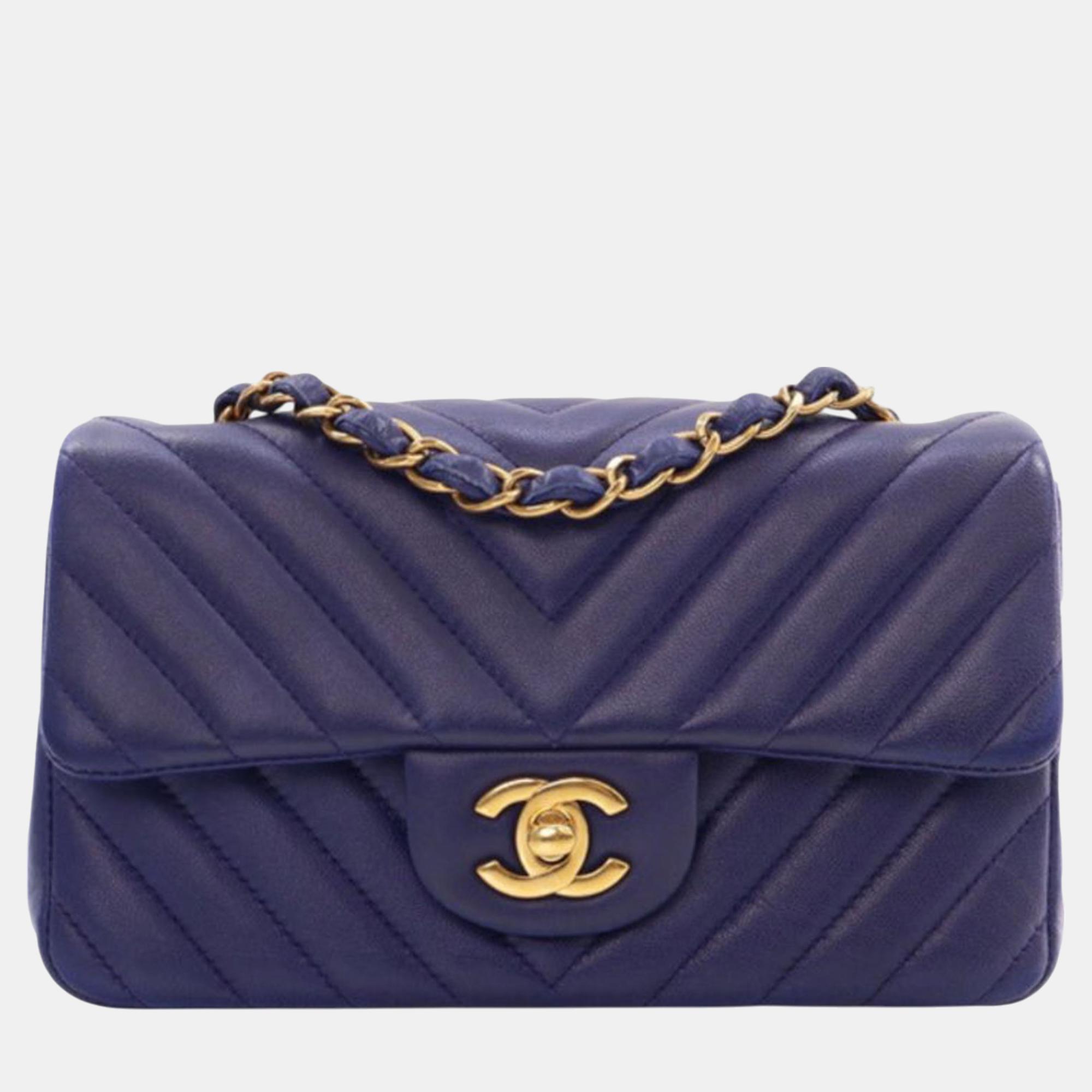 

Chanel Blue Mini Rectangular Classic Chevron Lambskin Single Flap