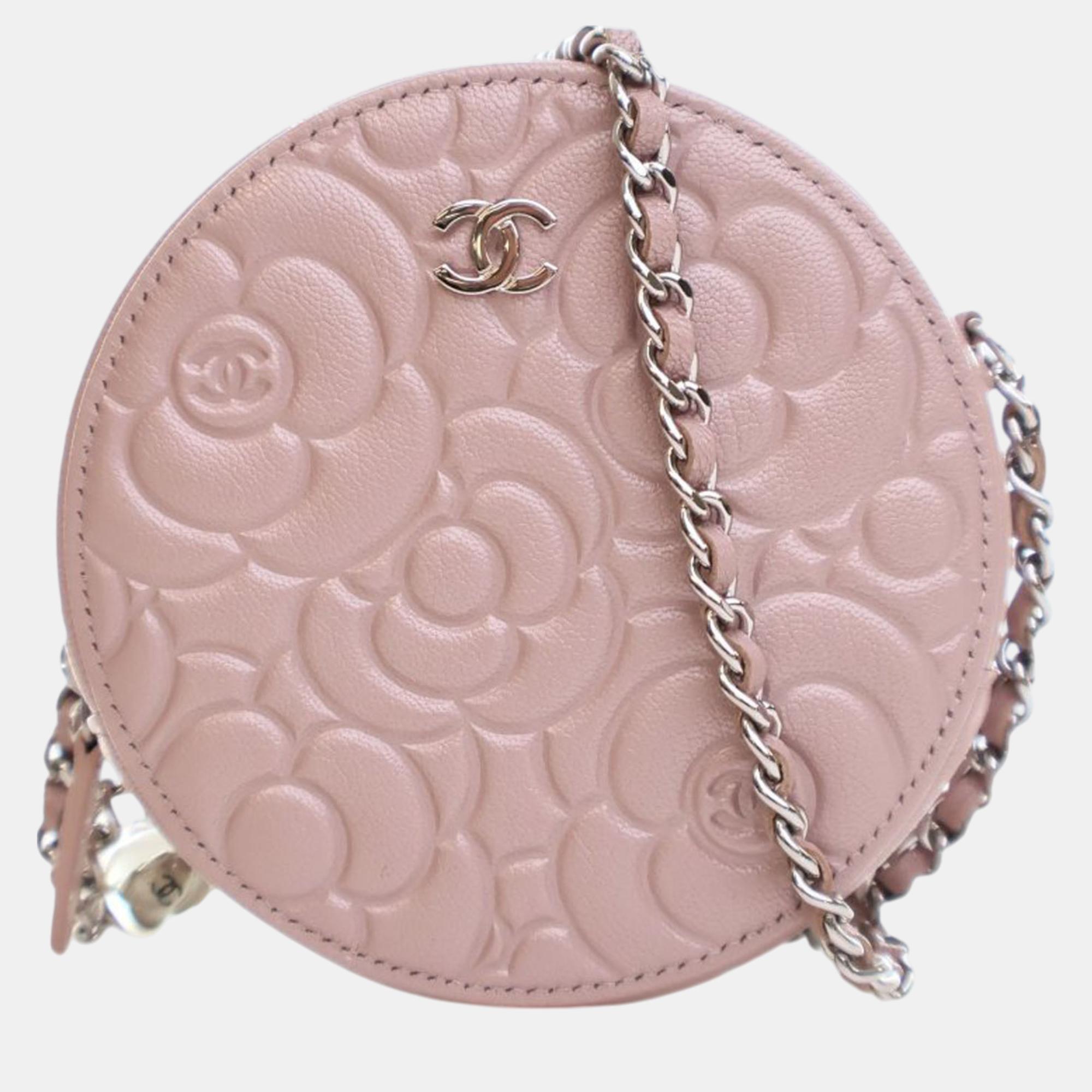 

Chanel Pink Goatskin Camellia Round Clutch With Chain