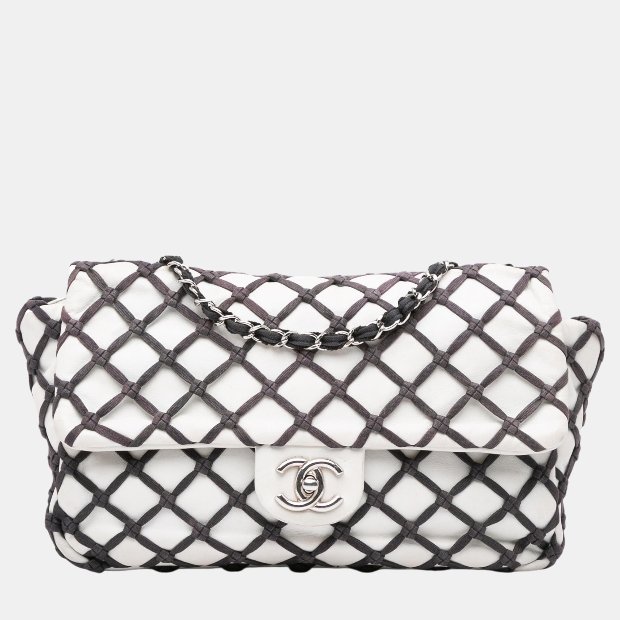 

Chanel Grey White Jumbo Calfskin Canebiers Net Flap