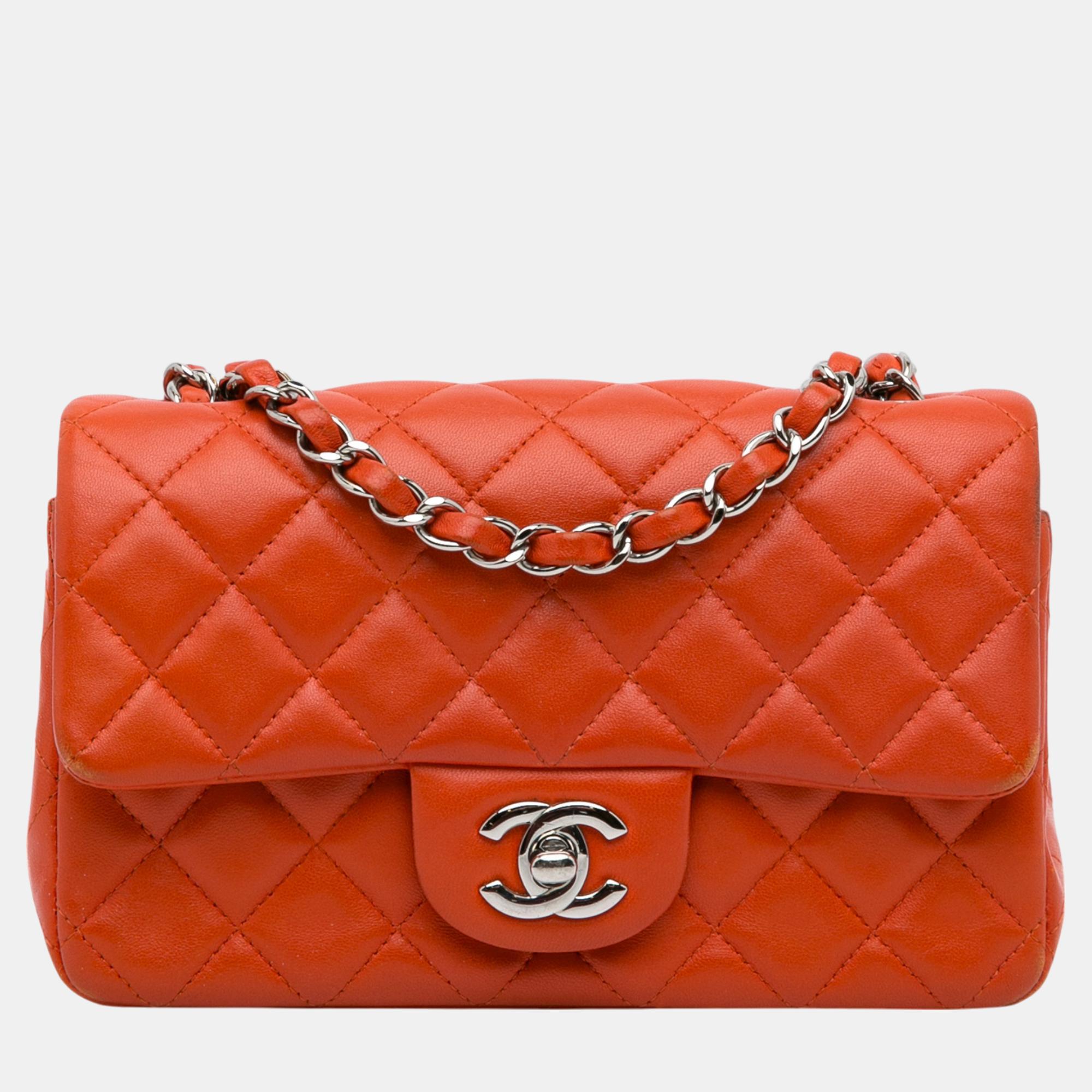 

Chanel Orange Mini Rectangular Classic Lambskin Single Flap